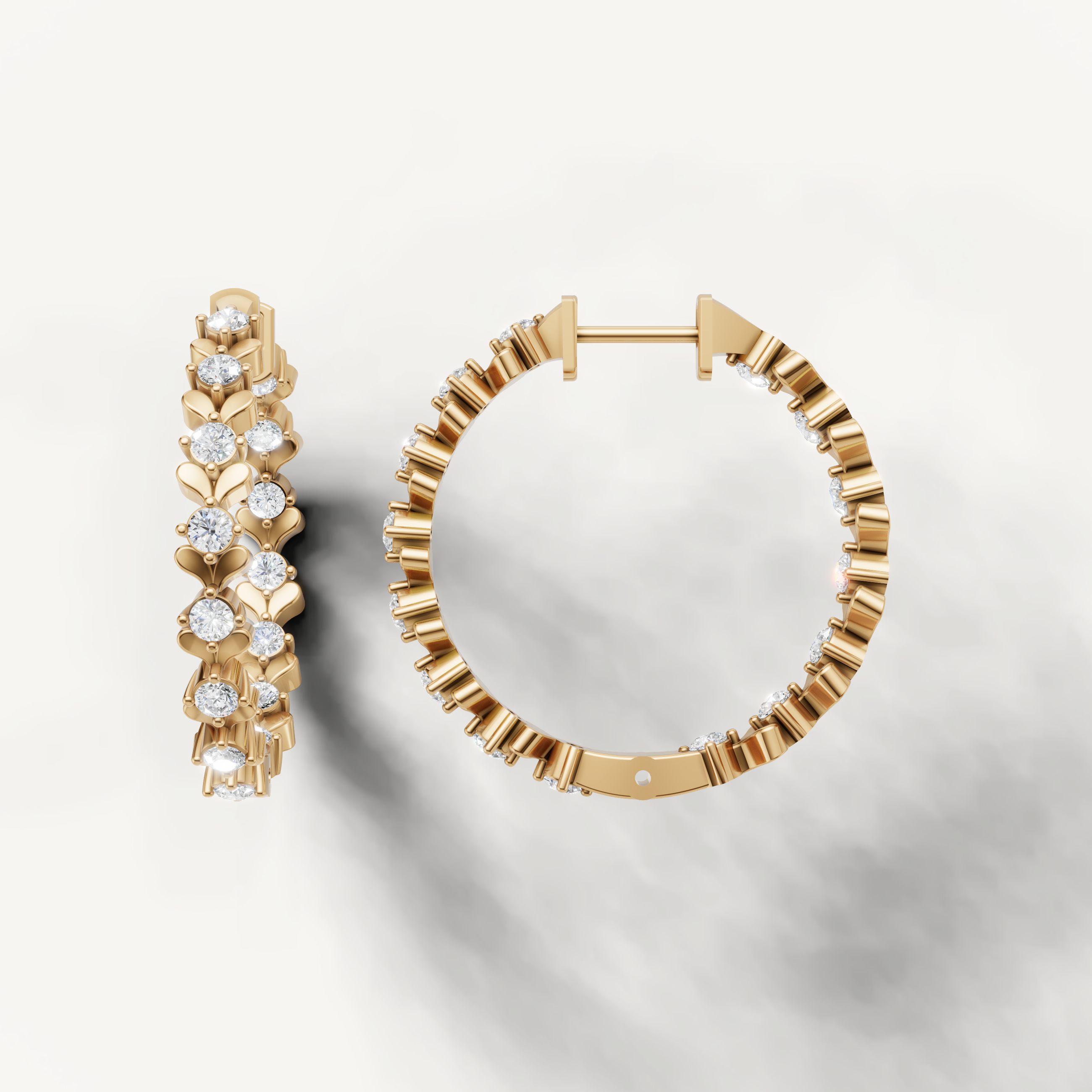 Elegant yellow gold floral diamond hoop earrings with timeless brilliance by Raul Diamonds