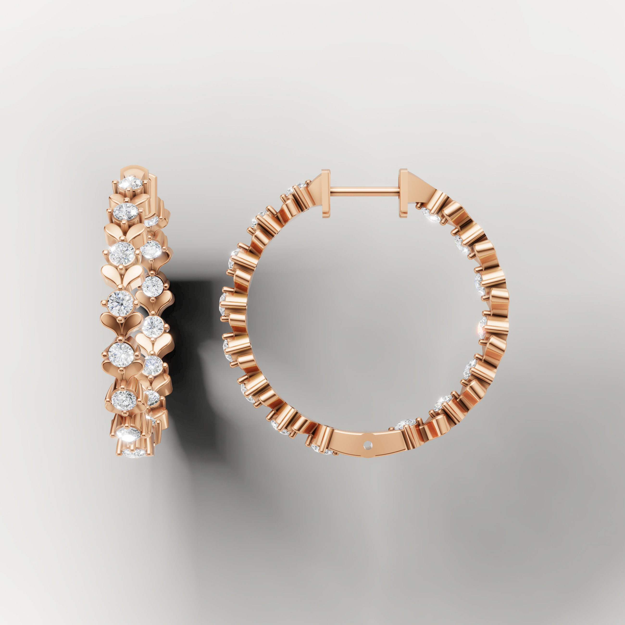 Elegant rose gold floral diamond hoop earrings with radiant diamond brilliance