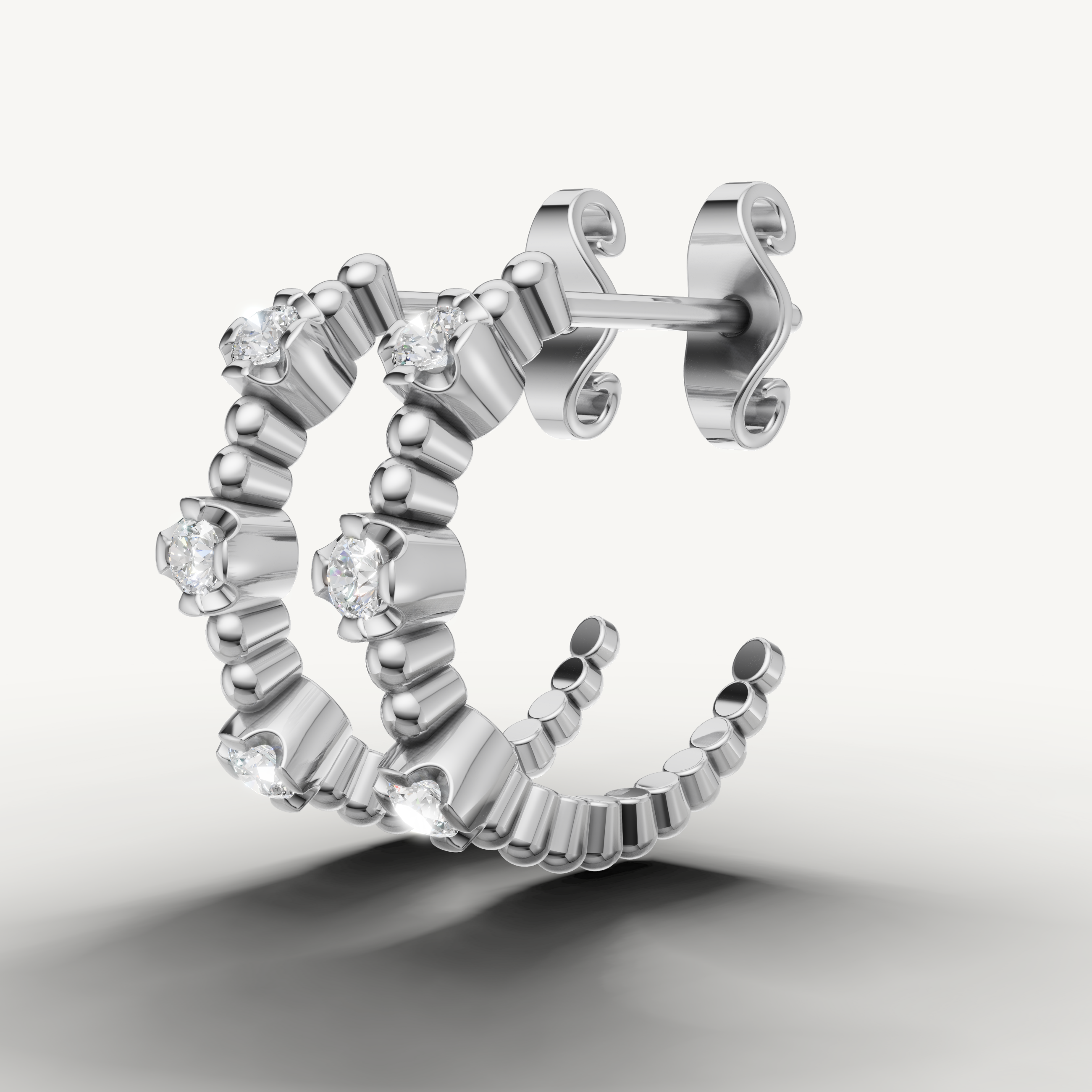 Lab-Grown Diamond Beaded J-Hoop Earrings in 14K Gold | Textured Bezel-Set C-Hoops