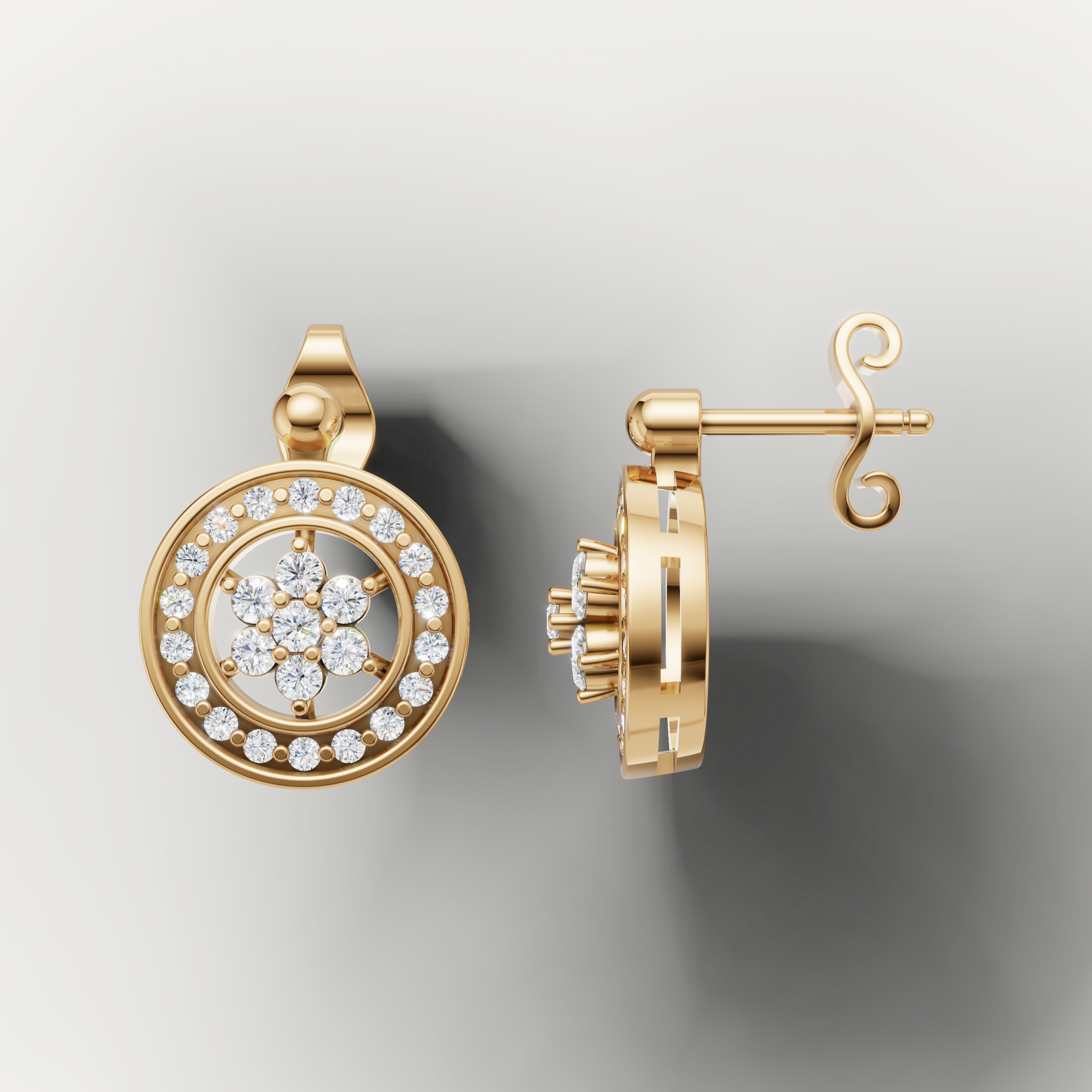 Elegant yellow gold round halo diamond earrings by Raul Diamonds