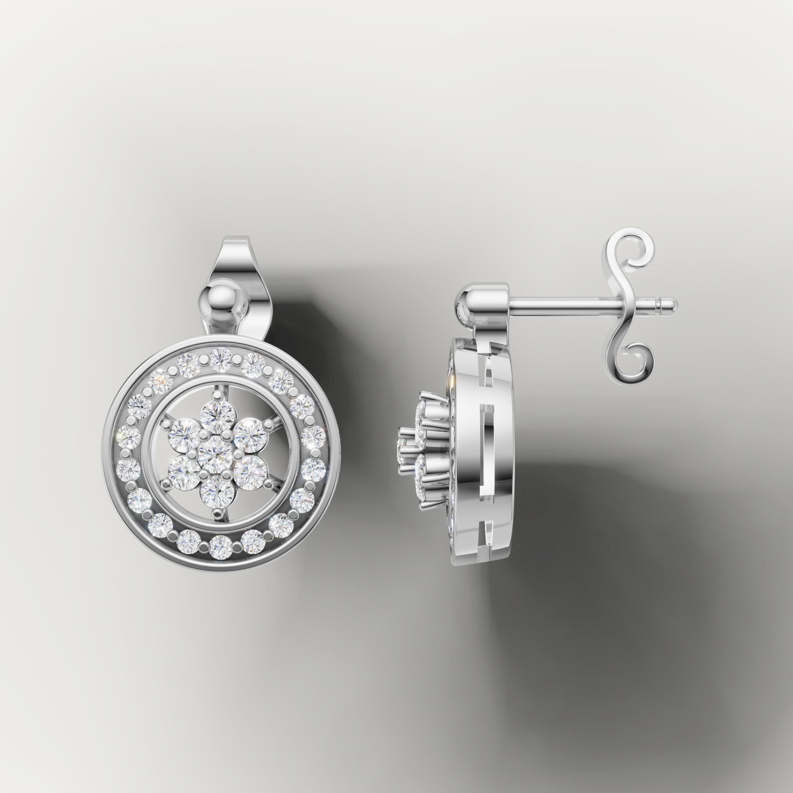 Elegant white gold halo diamond earrings with sparkling floral center