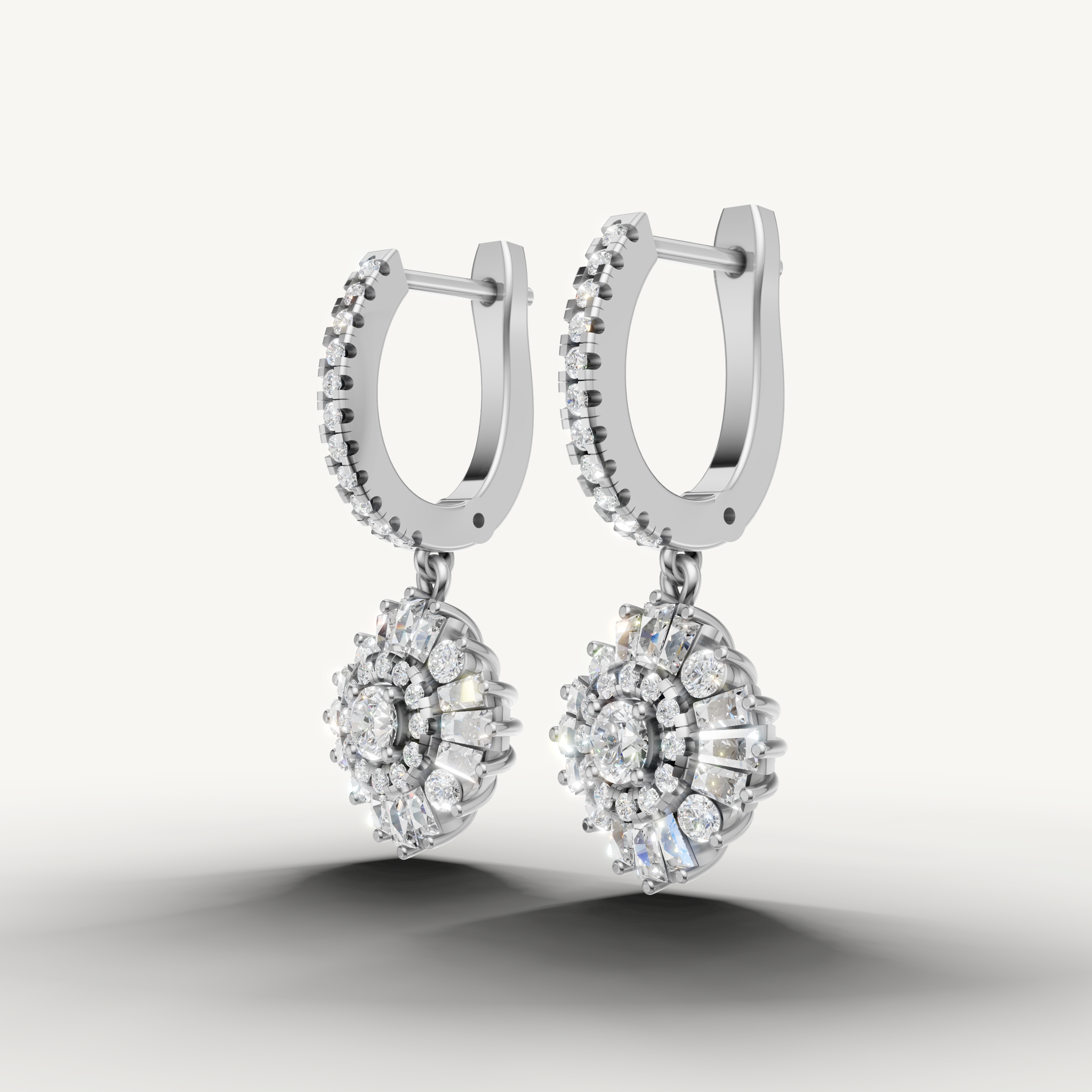 Fine jewelry white gold sunburst diamond earrings Raul Diamonds