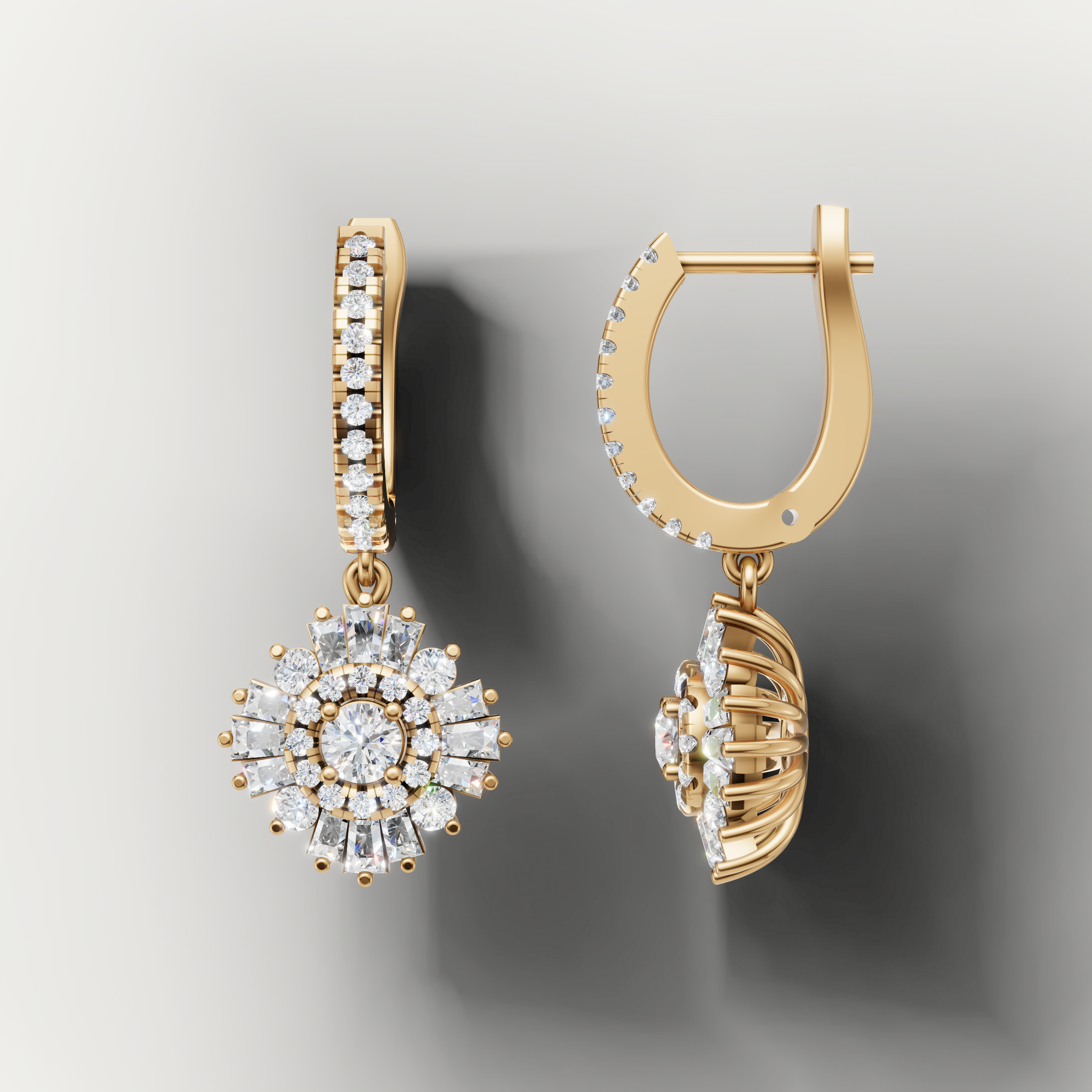 Elegant yellow gold sunburst diamond earrings by Raul Diamonds