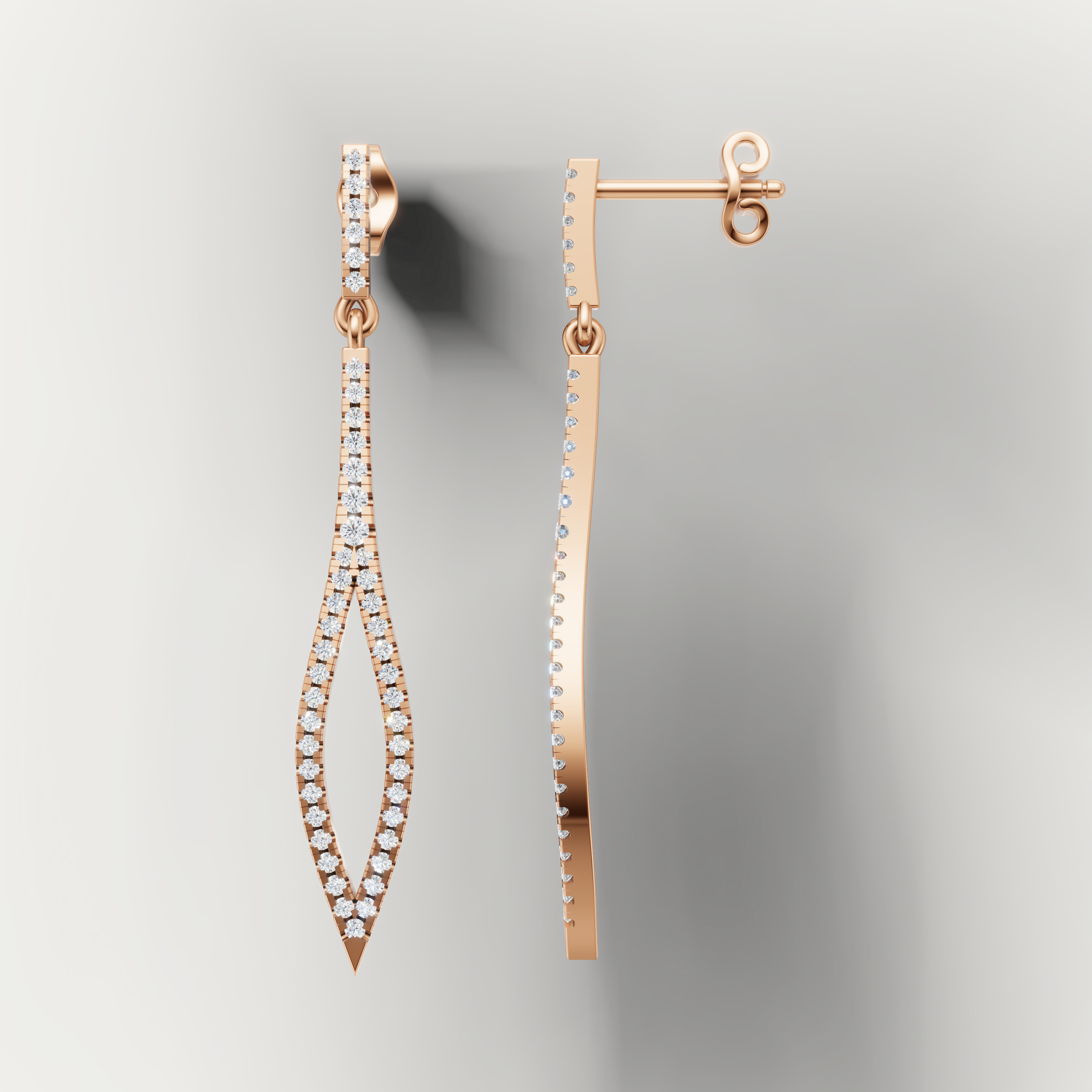 Elegant rose gold long diamond drop earrings by Raul Diamonds