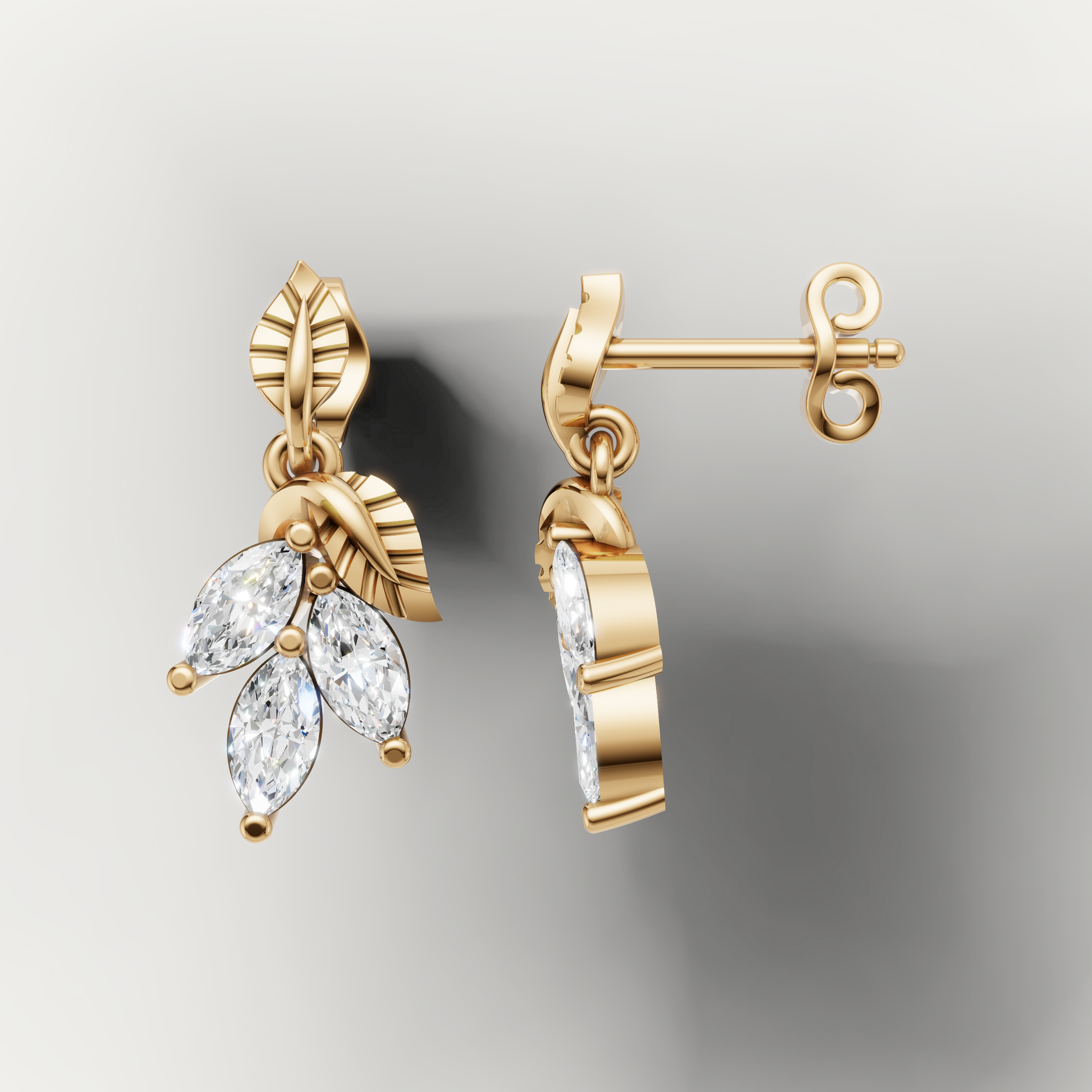 Elegant yellow gold floral inspired marquise diamond earrings by Raul Diamonds