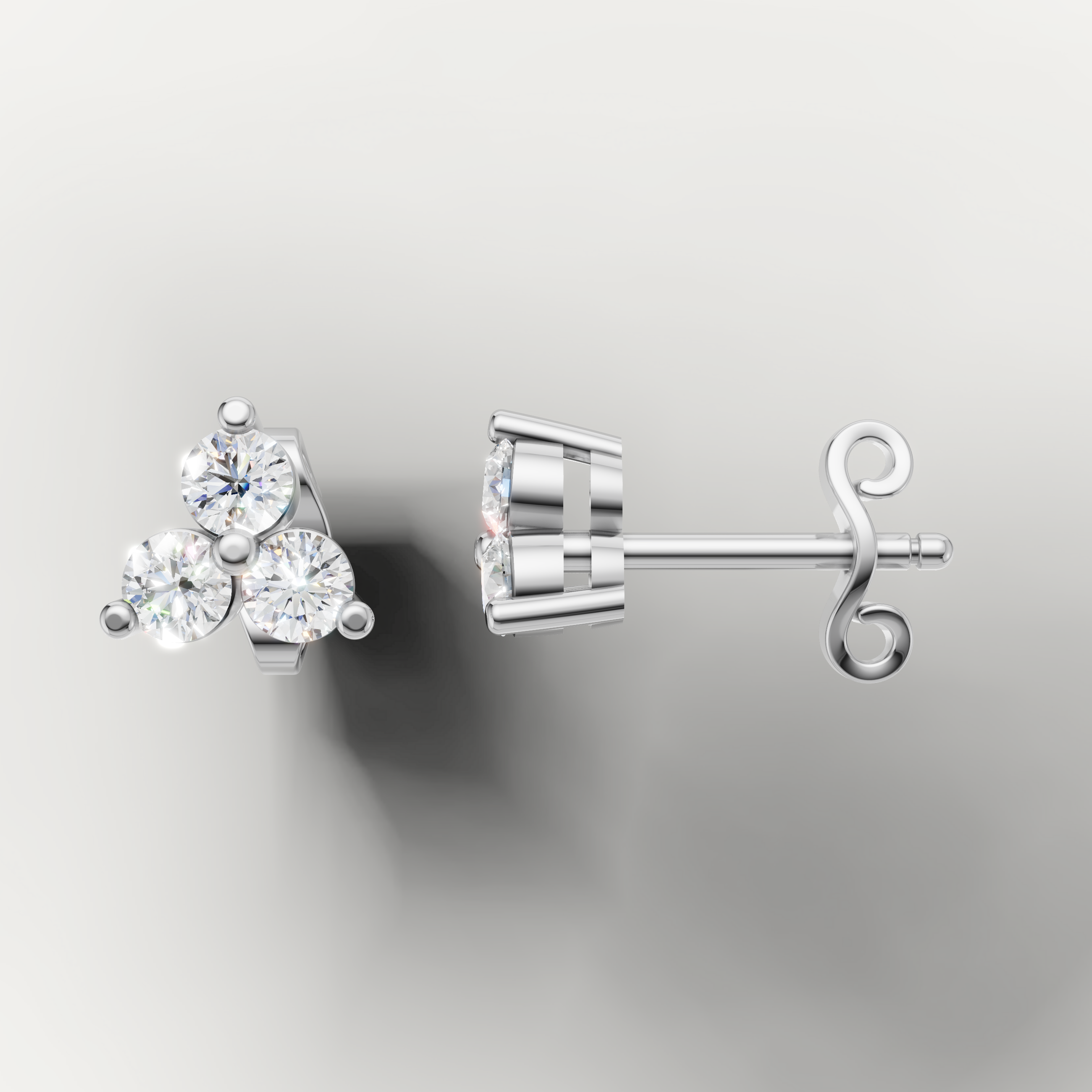 White gold triple diamond stud earrings minimalist modern jewelry Raul Diamonds