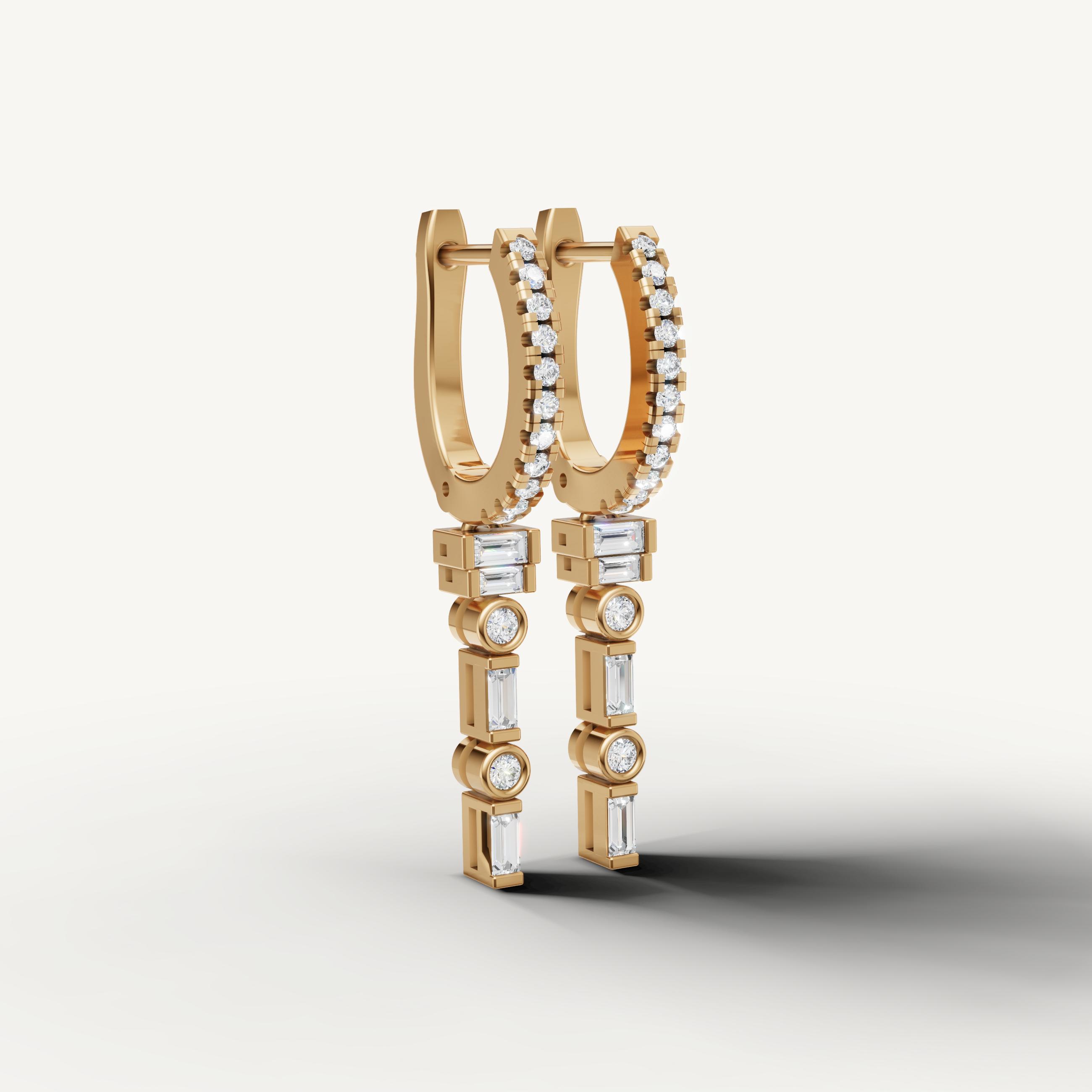Luxury yellow gold baguette and round diamond hoop earrings