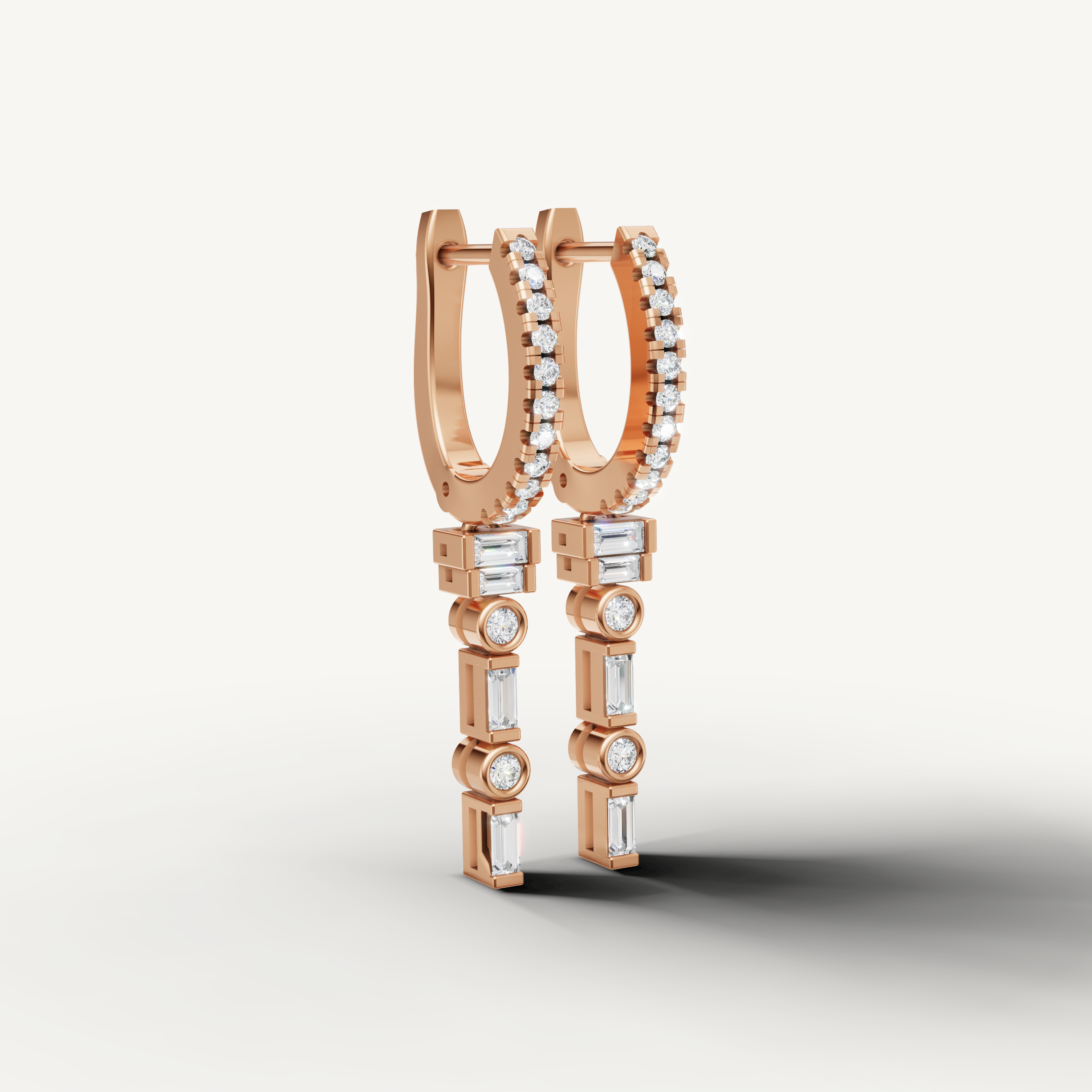 Luxury rose gold baguette and round diamond hoop earrings