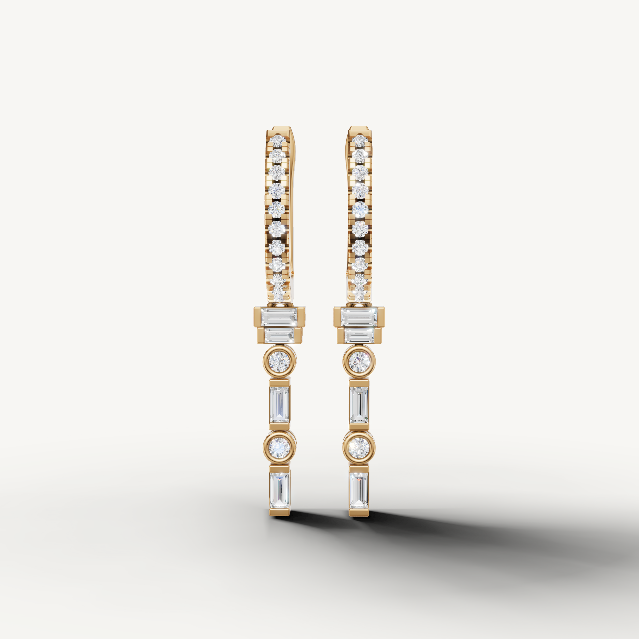 Raul Diamonds yellow gold diamond hoop drop earrings with baguette accents
