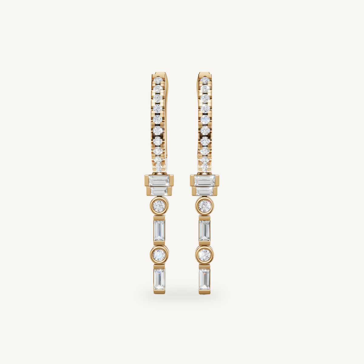 Raul Diamonds yellow gold diamond hoop drop earrings with baguette accents