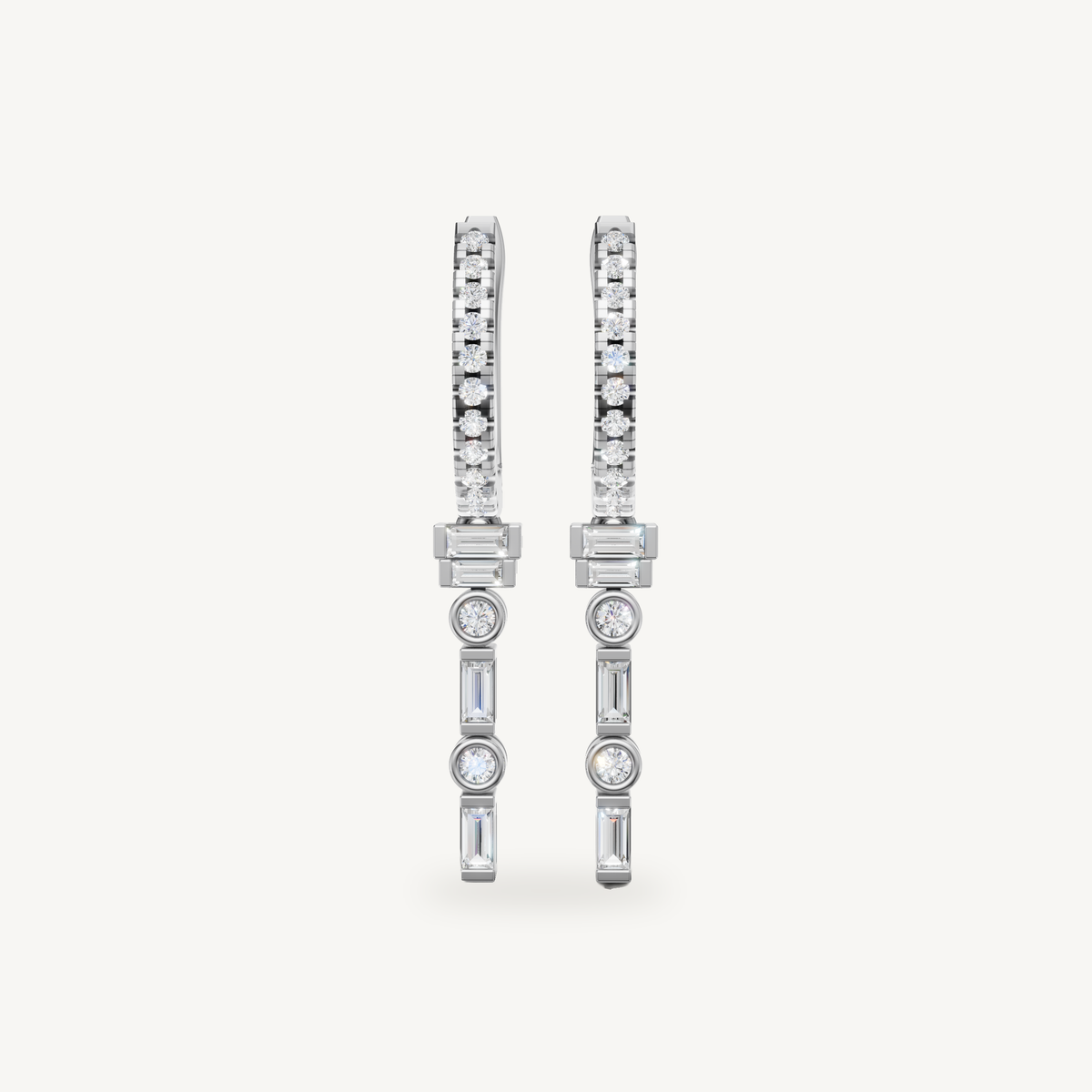 Raul Diamonds white gold diamond hoop drop earrings with baguette accents