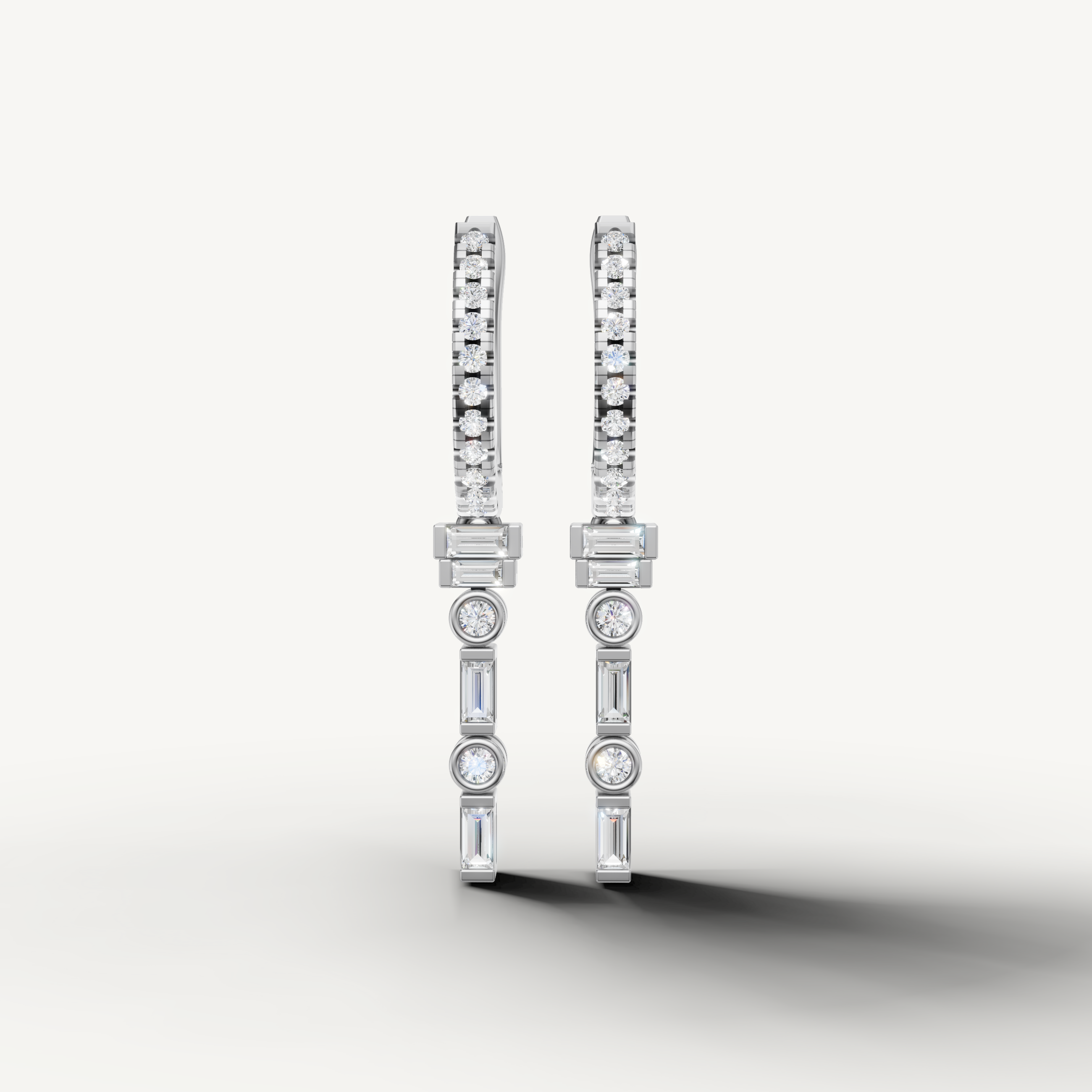 Raul Diamonds white gold diamond hoop drop earrings with baguette accents