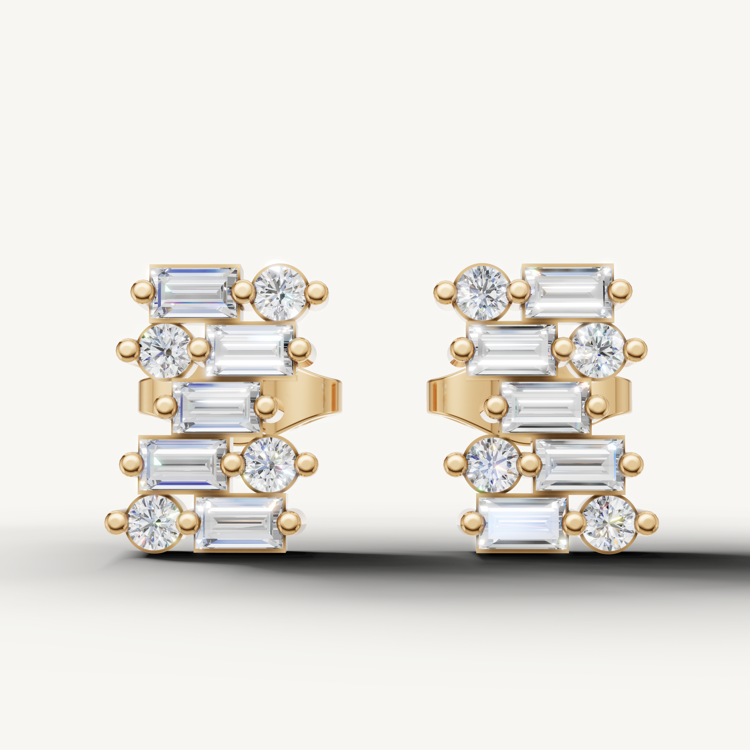 Raul Diamonds yellow gold baguette and round diamond stud earrings