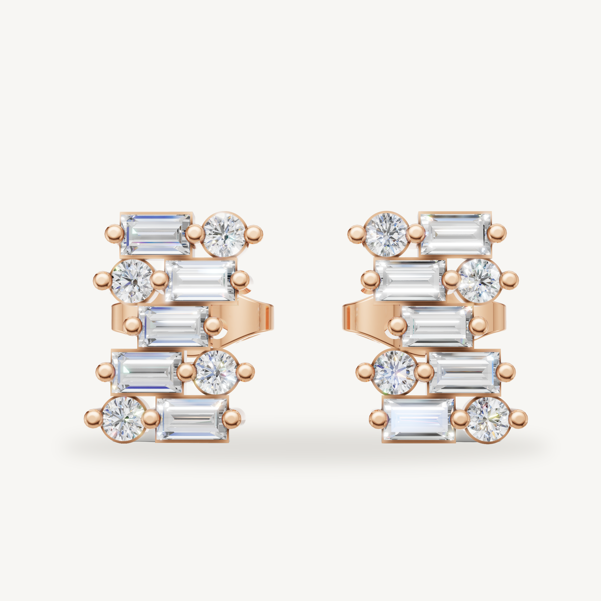 Raul Diamonds rose gold baguette and round diamond stud earrings