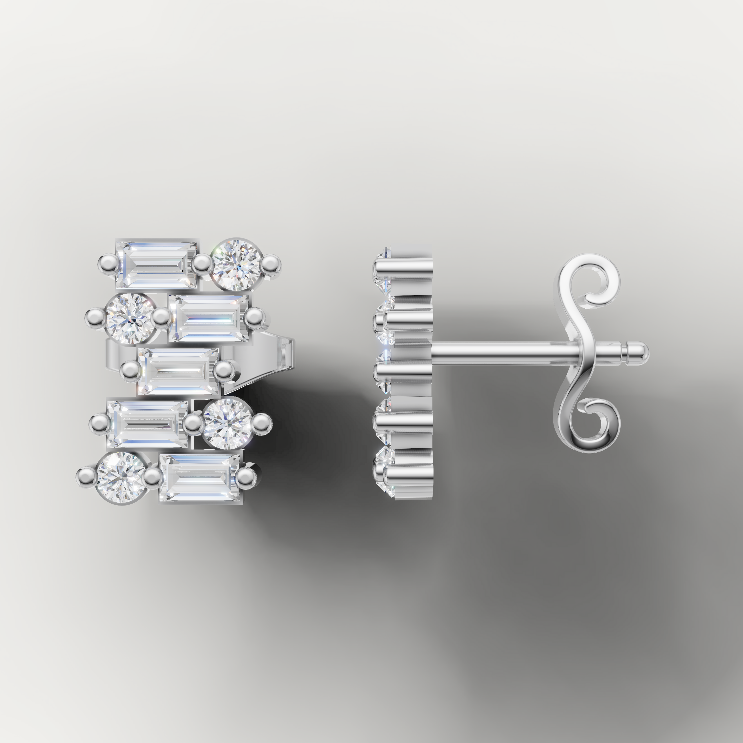 Raul Diamonds white gold baguette and round diamond stud earrings