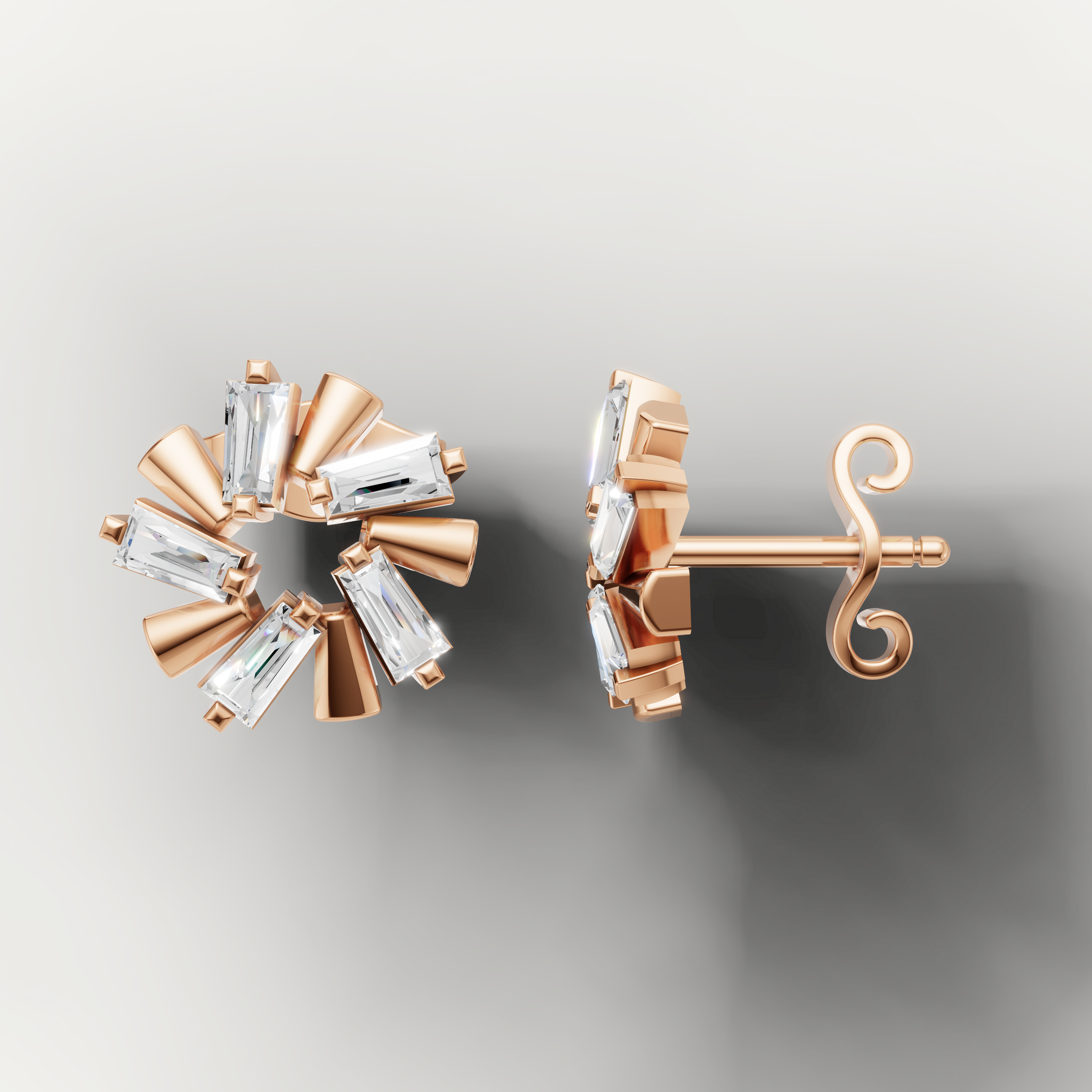 Elegant rose gold geometric burst diamond earrings by Raul Diamonds