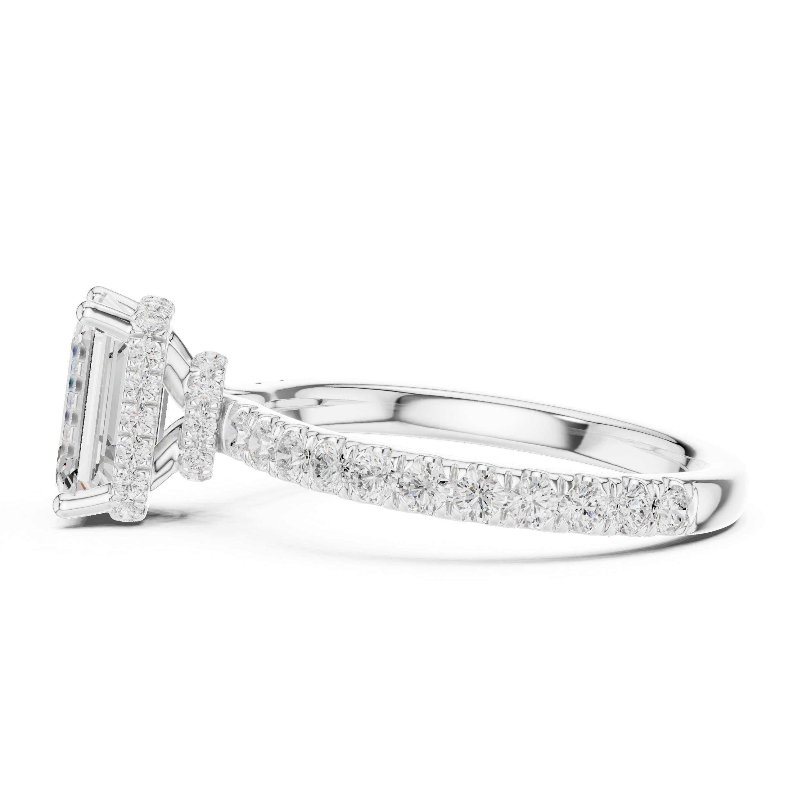 Halo ring with emerald cut lab diamond and pavé