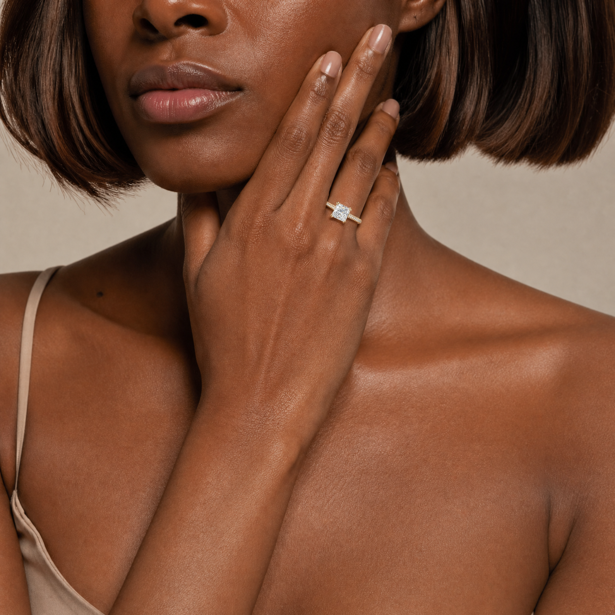 Luxury Model Wearing Princess Cut Lab Grown Diamond Engagement Ring in 14K Yellow Gold – Raul Diamonds