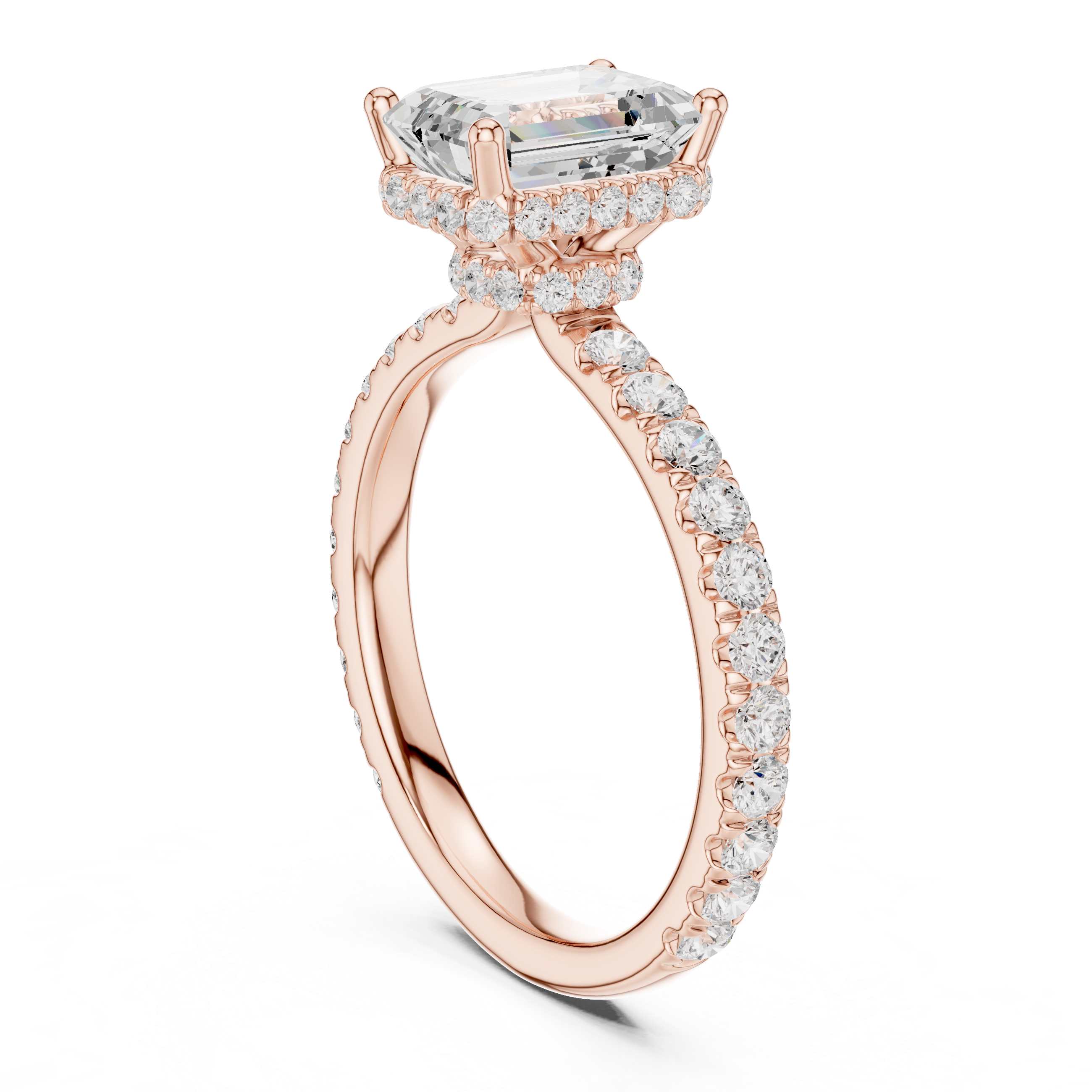 Emerald cut lab diamond halo ring pavé band design