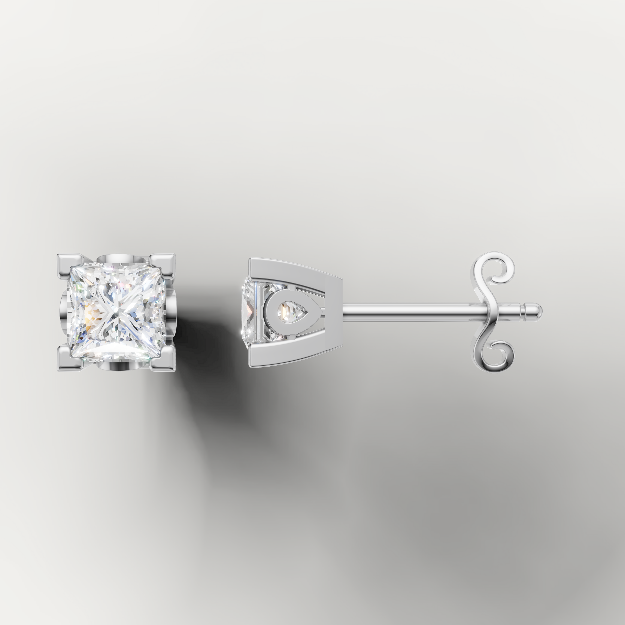 White gold square diamond stud earrings by Raul Diamonds featuring elegant princess cut diamonds