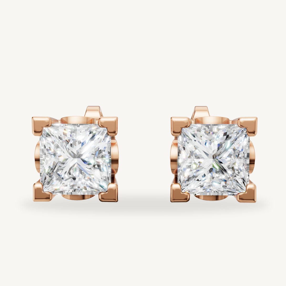 Princess cut lab grown diamond stud earrings in 14K rose gold by Raul Diamonds