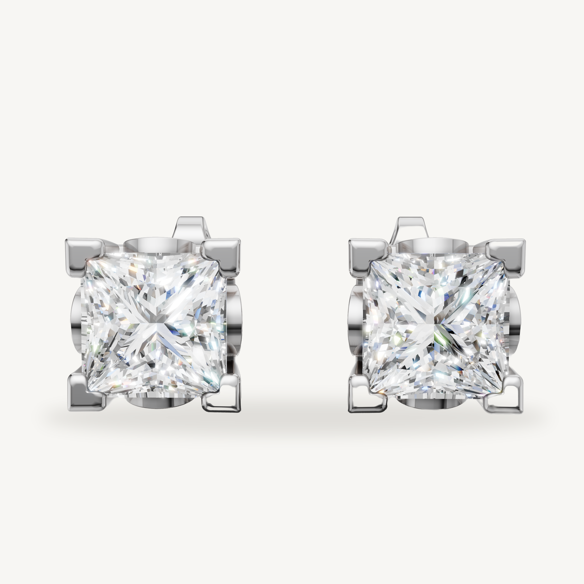 Princess cut lab grown diamond stud earrings in 14K white gold by Raul Diamonds