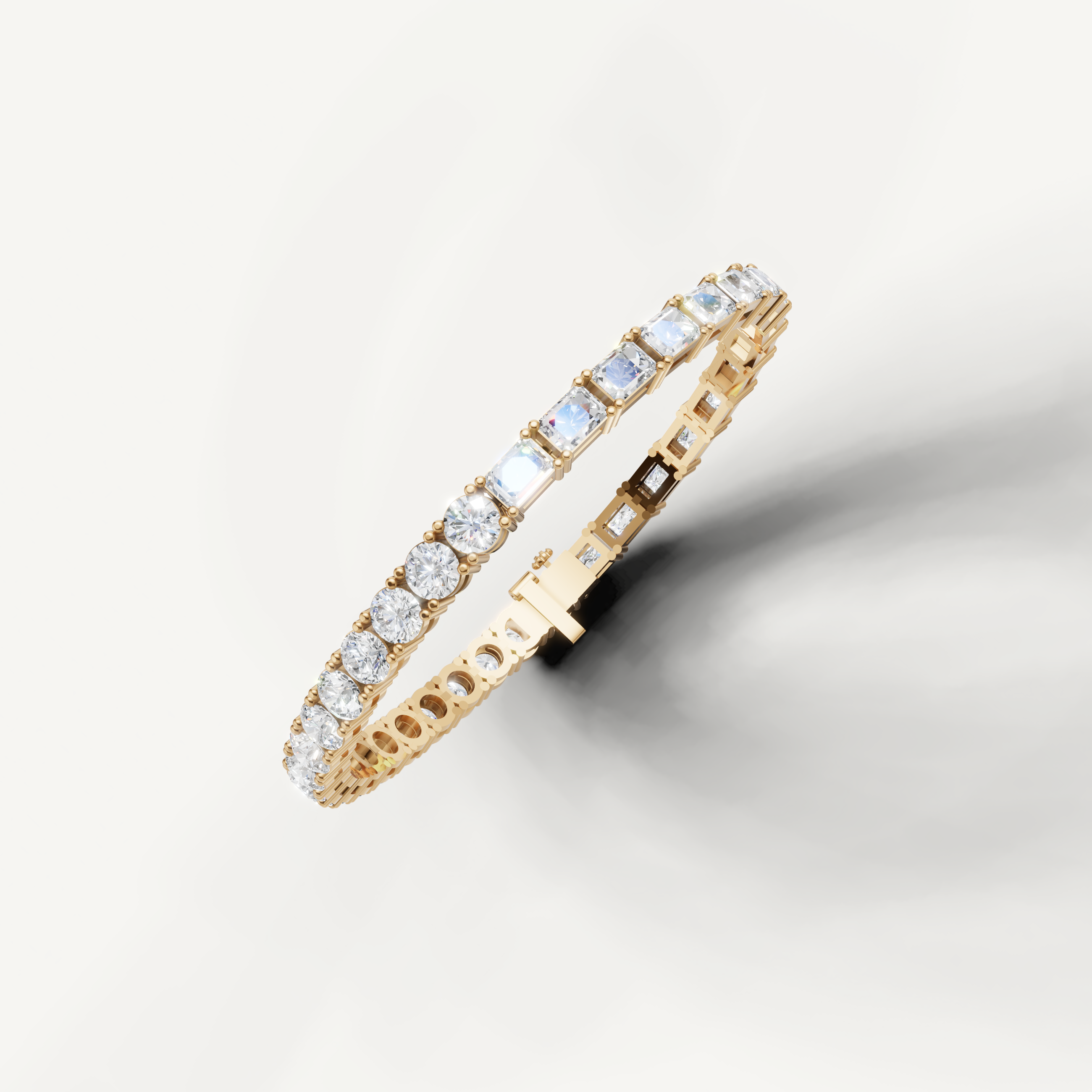 Elegant yellow gold diamond line bracelet for women with brilliant mixed shape diamonds