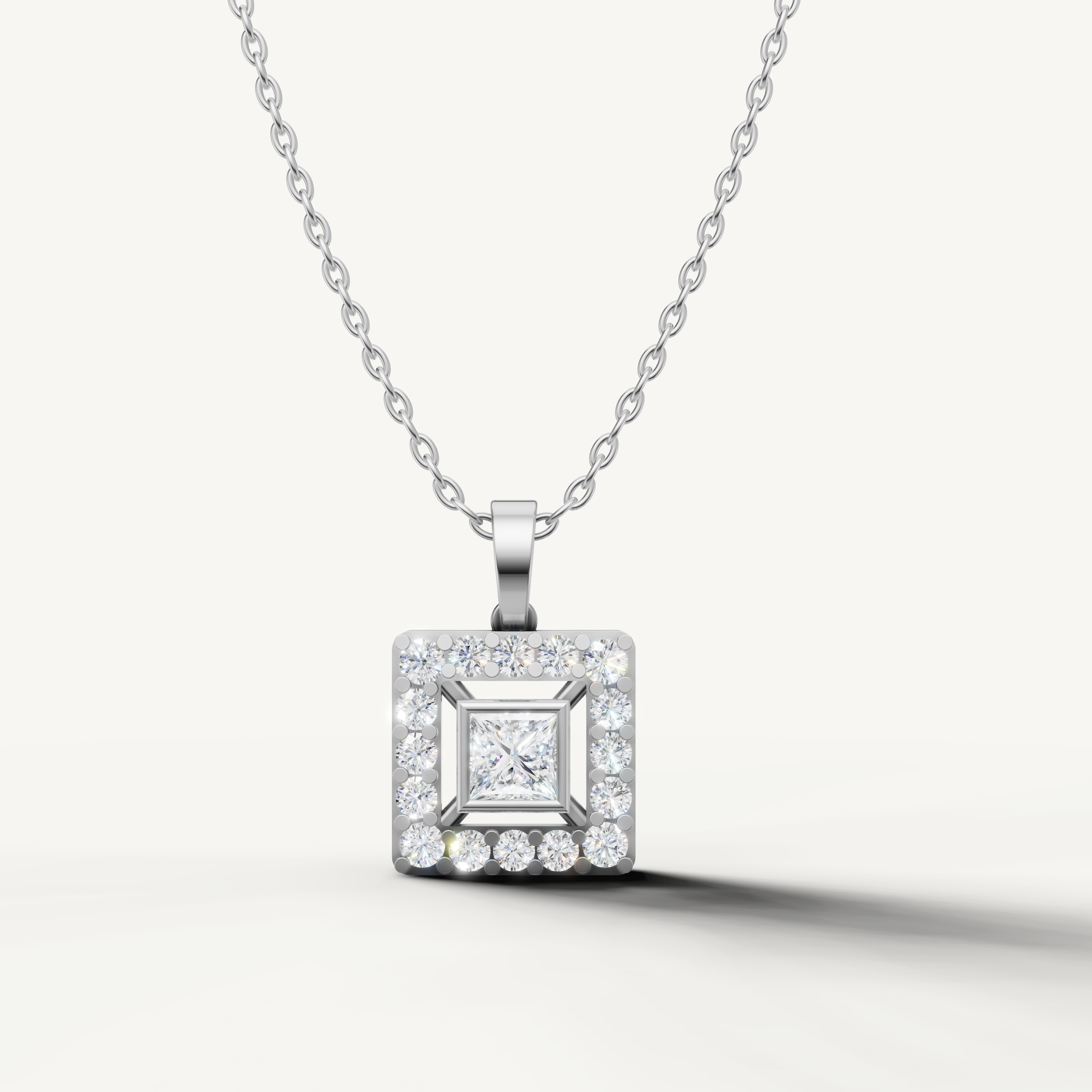 Princess Cut Lab Grown Diamond Halo Pendant Necklace in 14K White Gold by Raul Diamonds