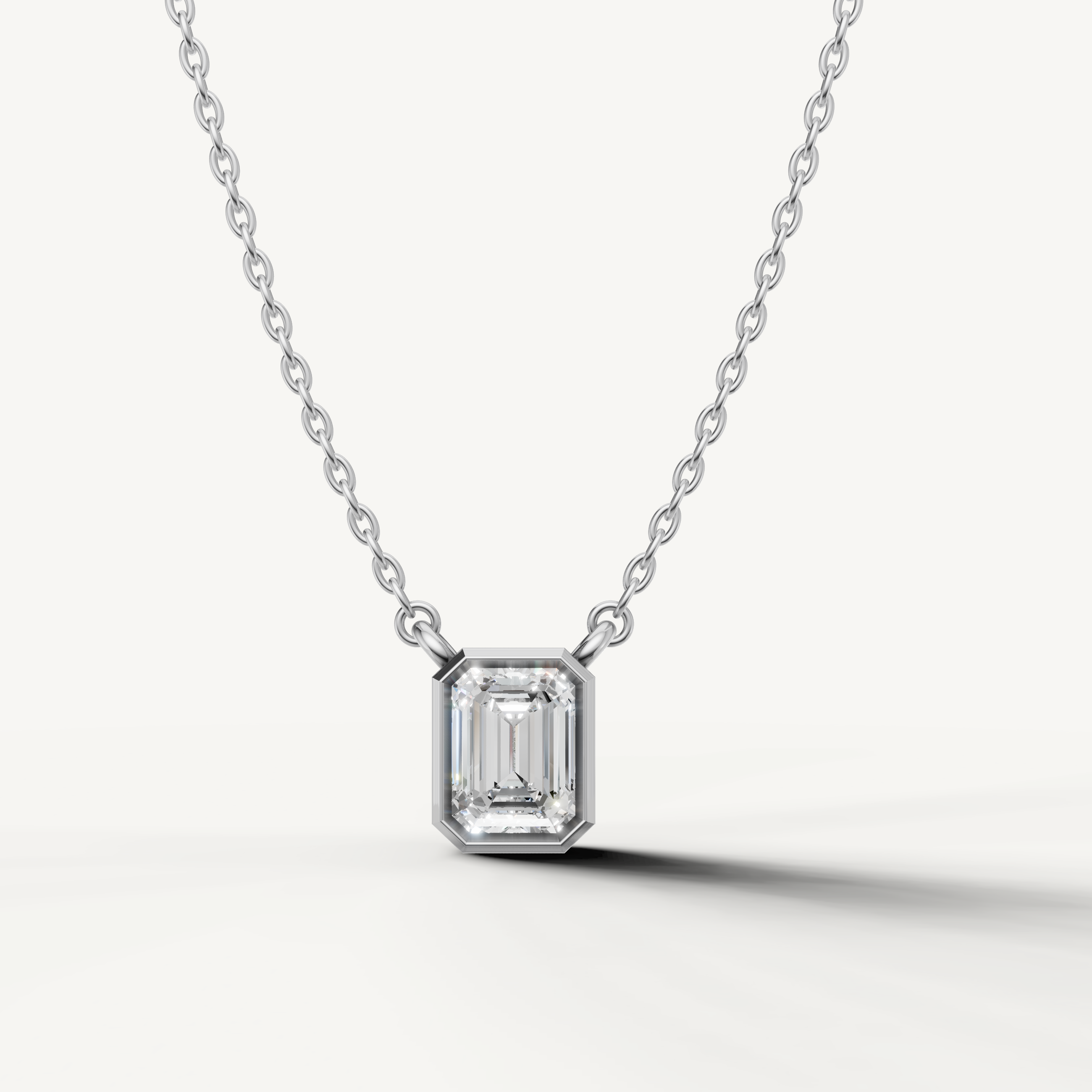 Emerald Cut Lab Grown Diamond Bezel Pendant Necklace in 14K White Gold by Raul Diamonds