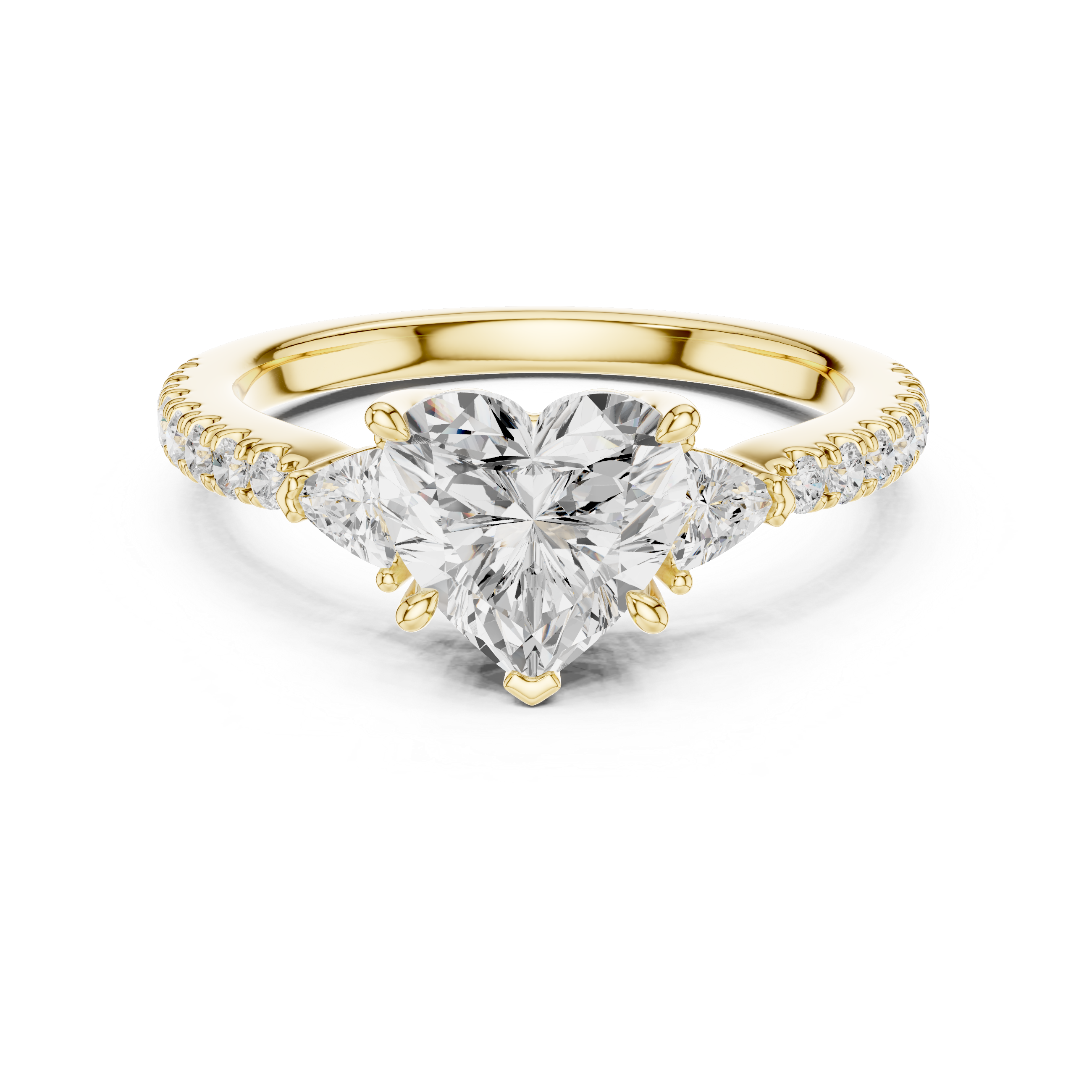 Heart and trillion lab diamond three-stone ring pavé band