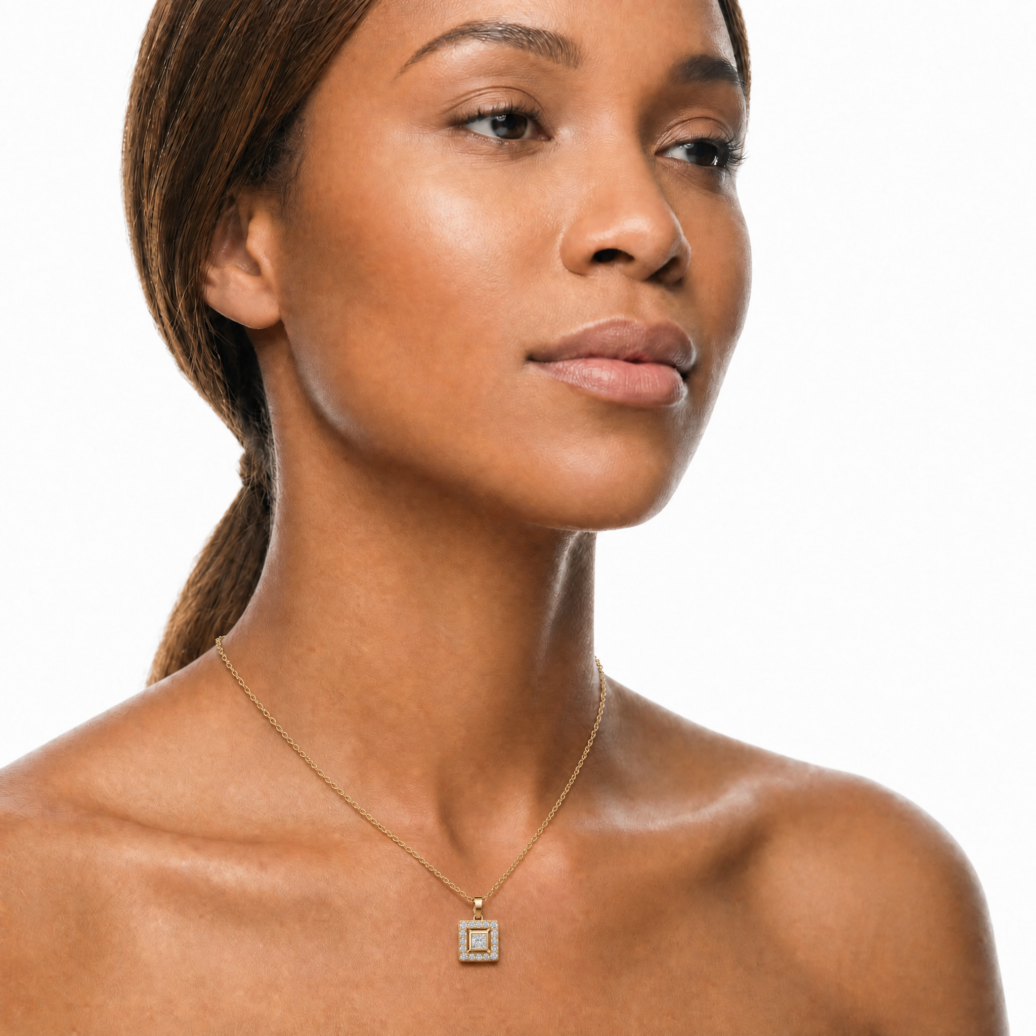 Female Model Wearing Princess Cut Lab Grown Diamond Halo Pendant Necklace in 14K Gold by Raul Diamonds