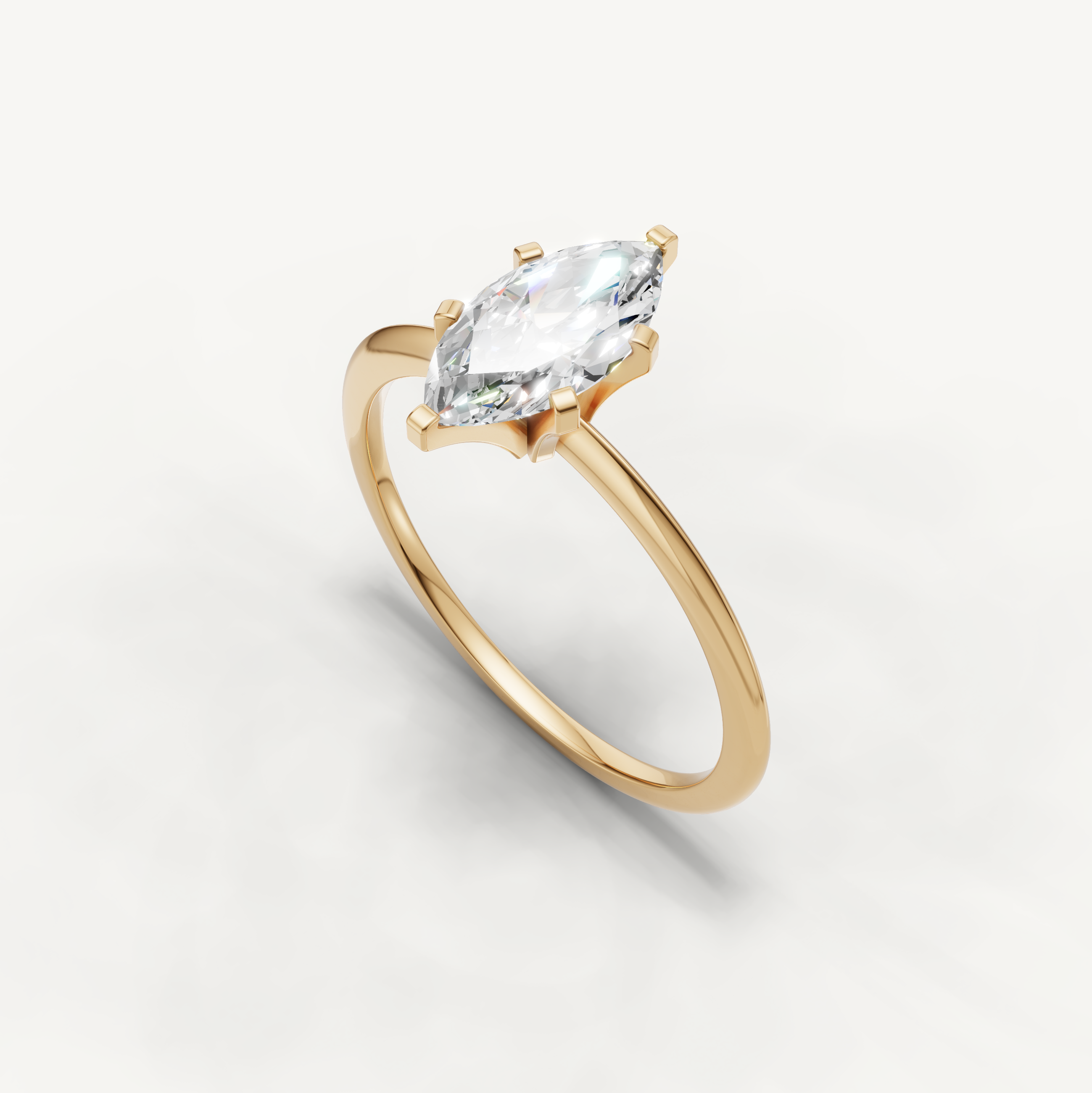 Minimal yellow gold marquise cut engagement ring with lab grown diamond by Raul Diamonds