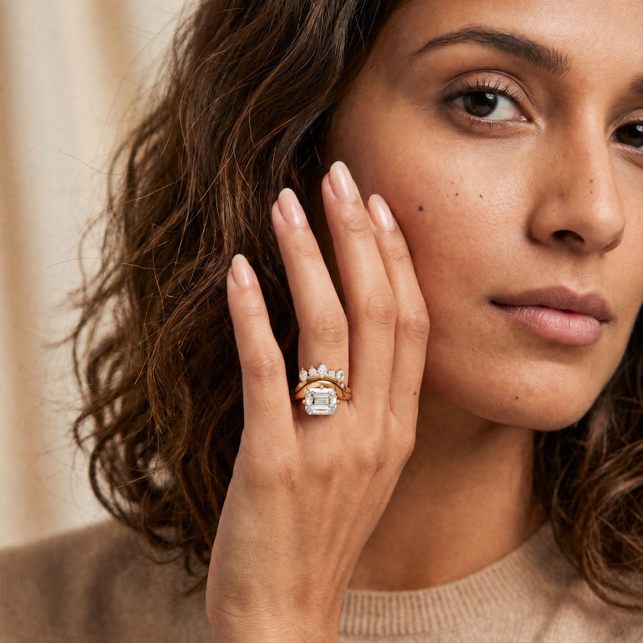 Female Model Wearing Emerald Cut Lab Grown Diamond Bridal Set by Raul Diamonds