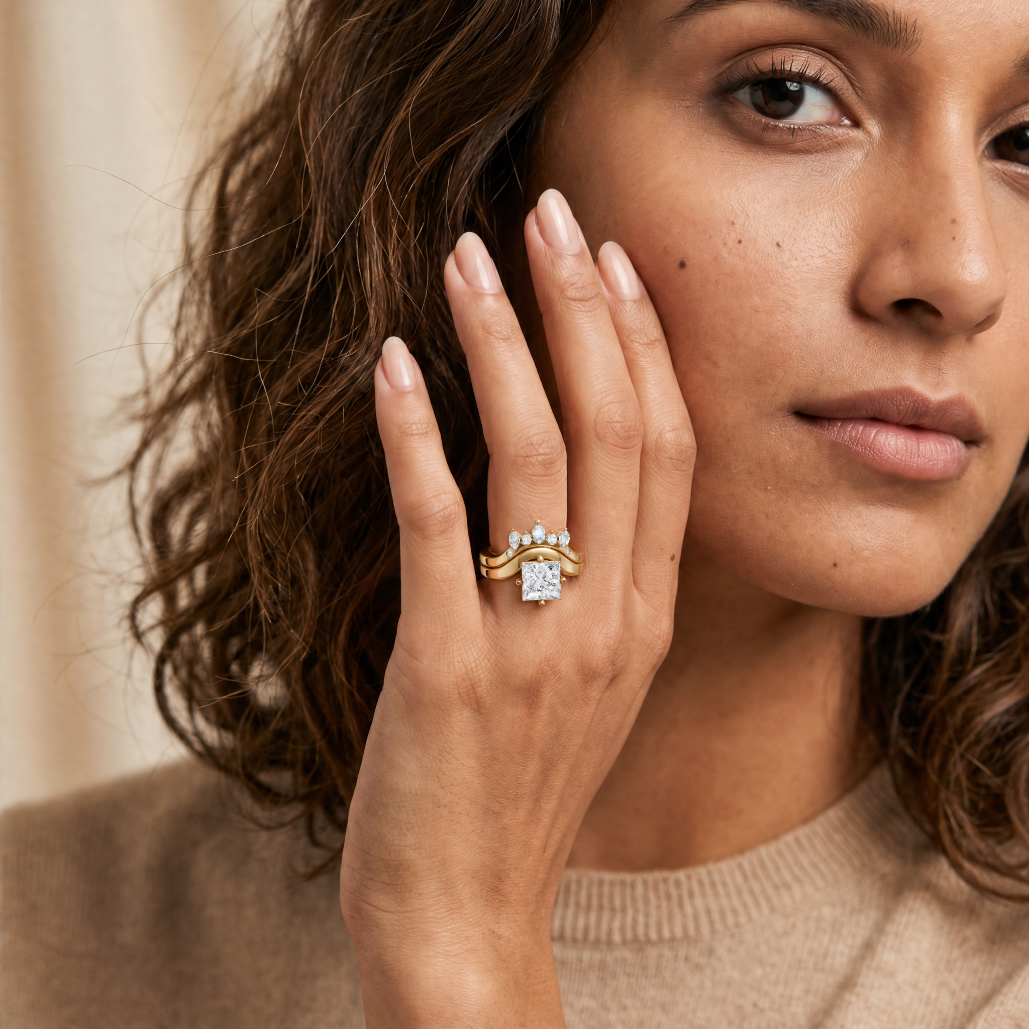 Female Model Wearing Princess Shape Lab Grown Diamond Bridal Set by Raul Diamonds