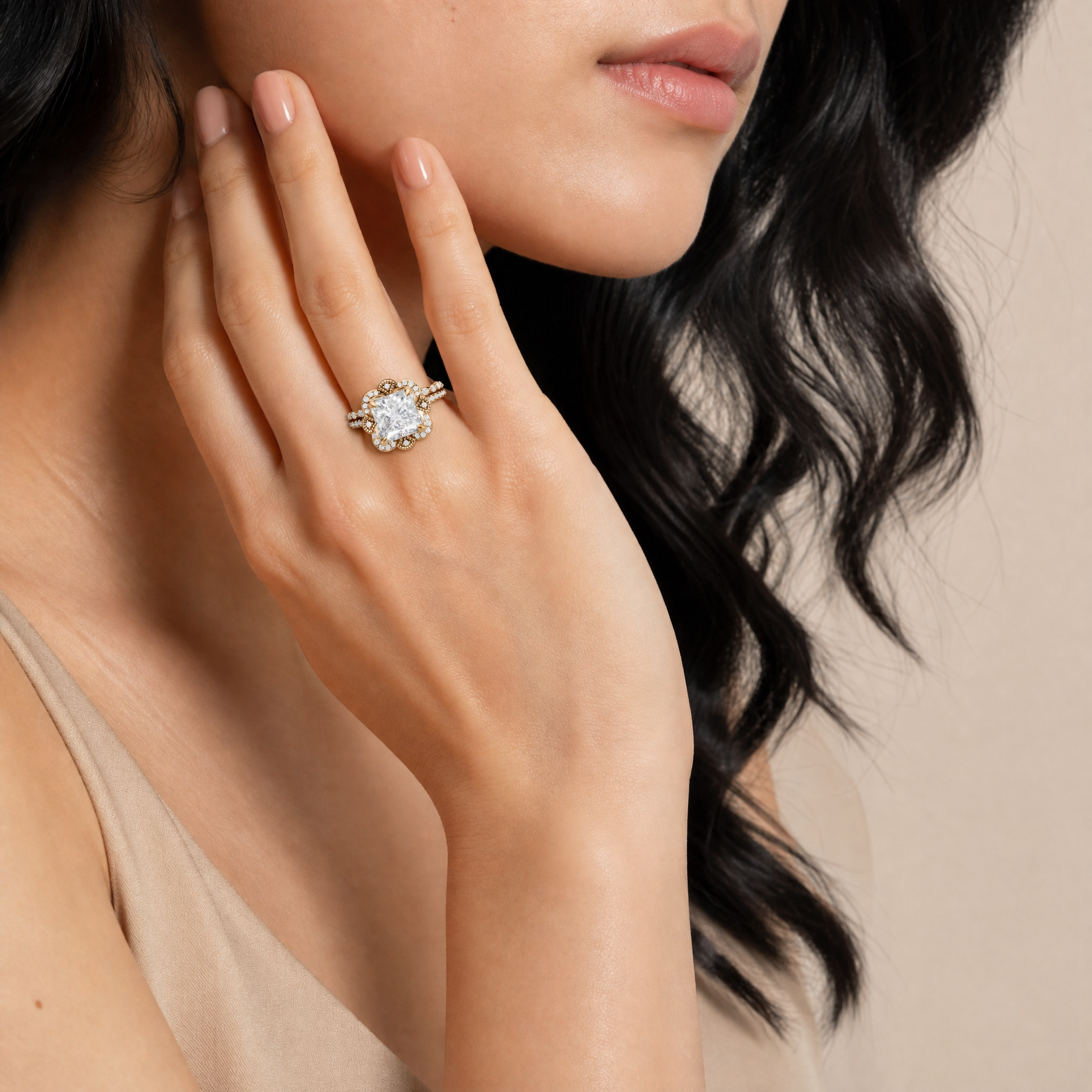 Female Model Wearing Princess Cut Lab Grown Diamond Floral Halo Bridal Set by Raul Diamonds