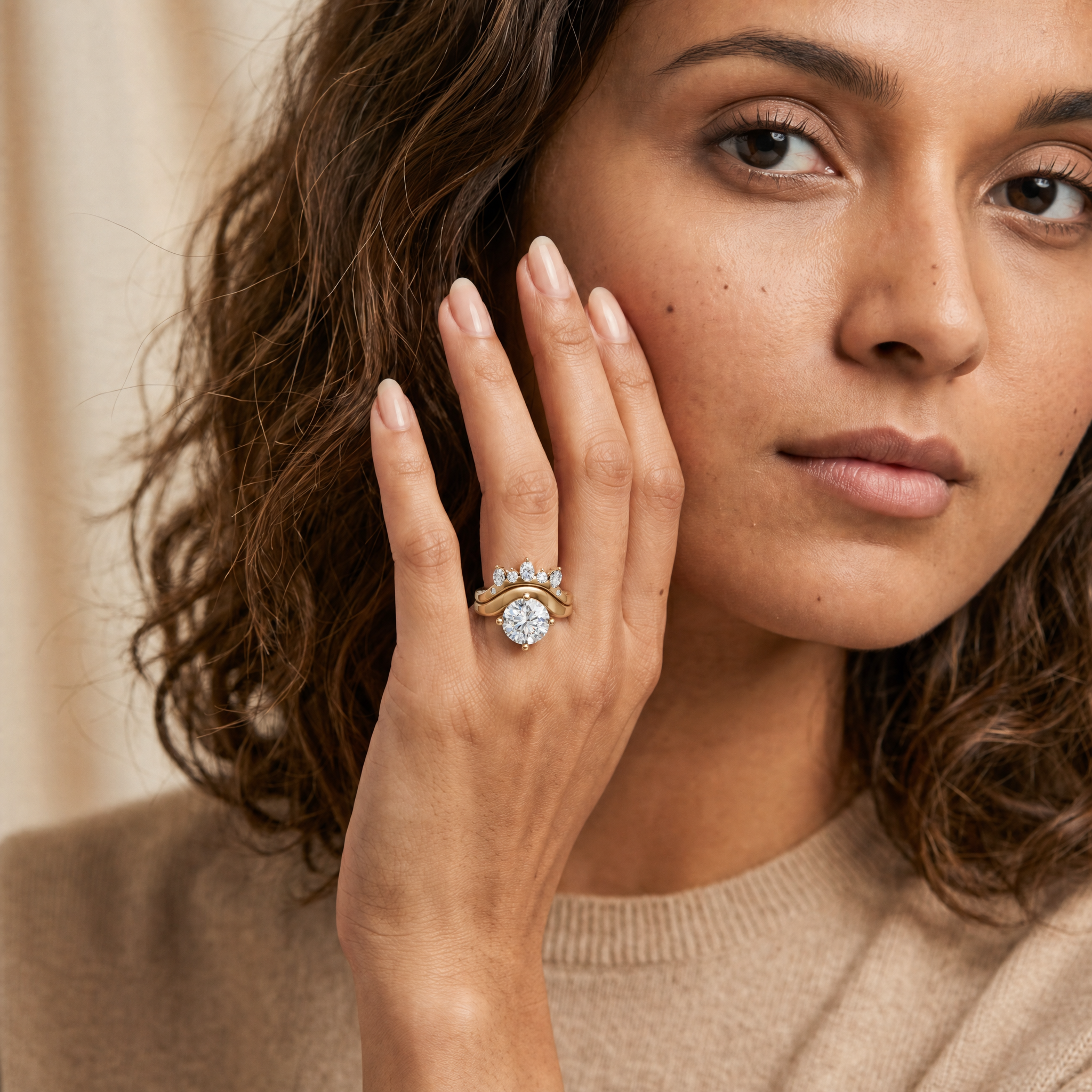Female Model Wearing Round Shape Lab Grown Diamond Bridal Set by Raul Diamonds