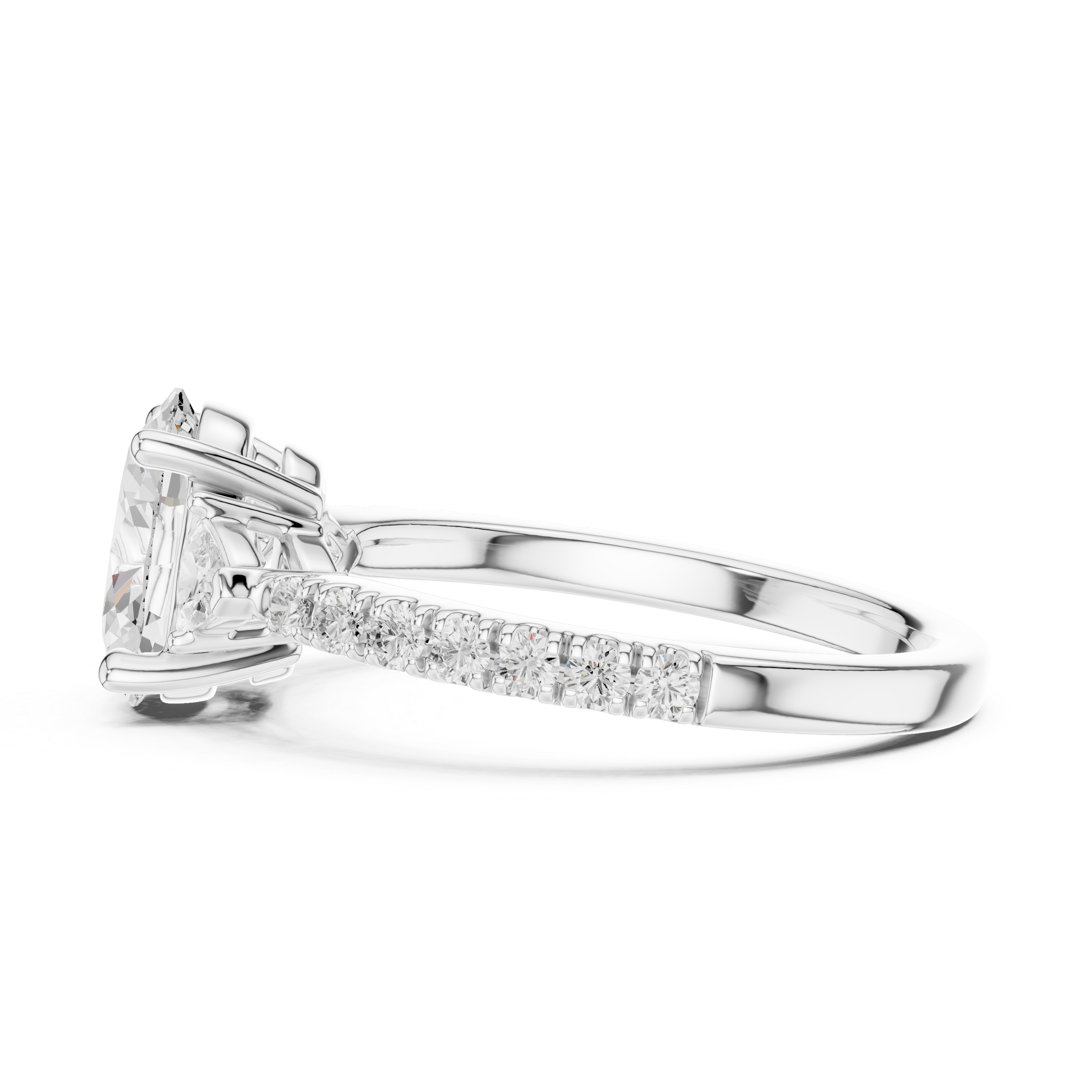 Oval lab diamond engagement ring with side trillion stones