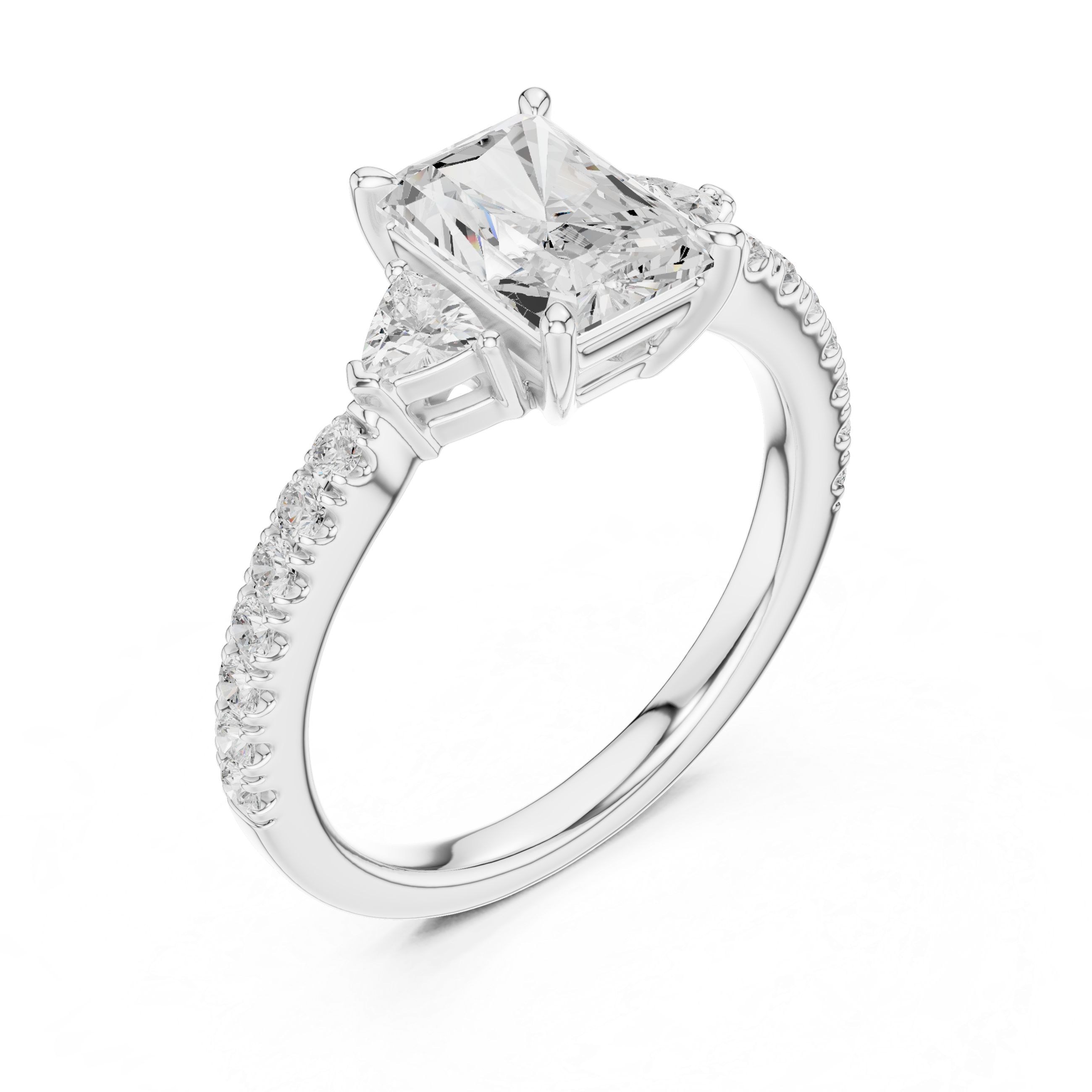 Engagement ring with radiant cut lab diamond, pavé, trillion accents