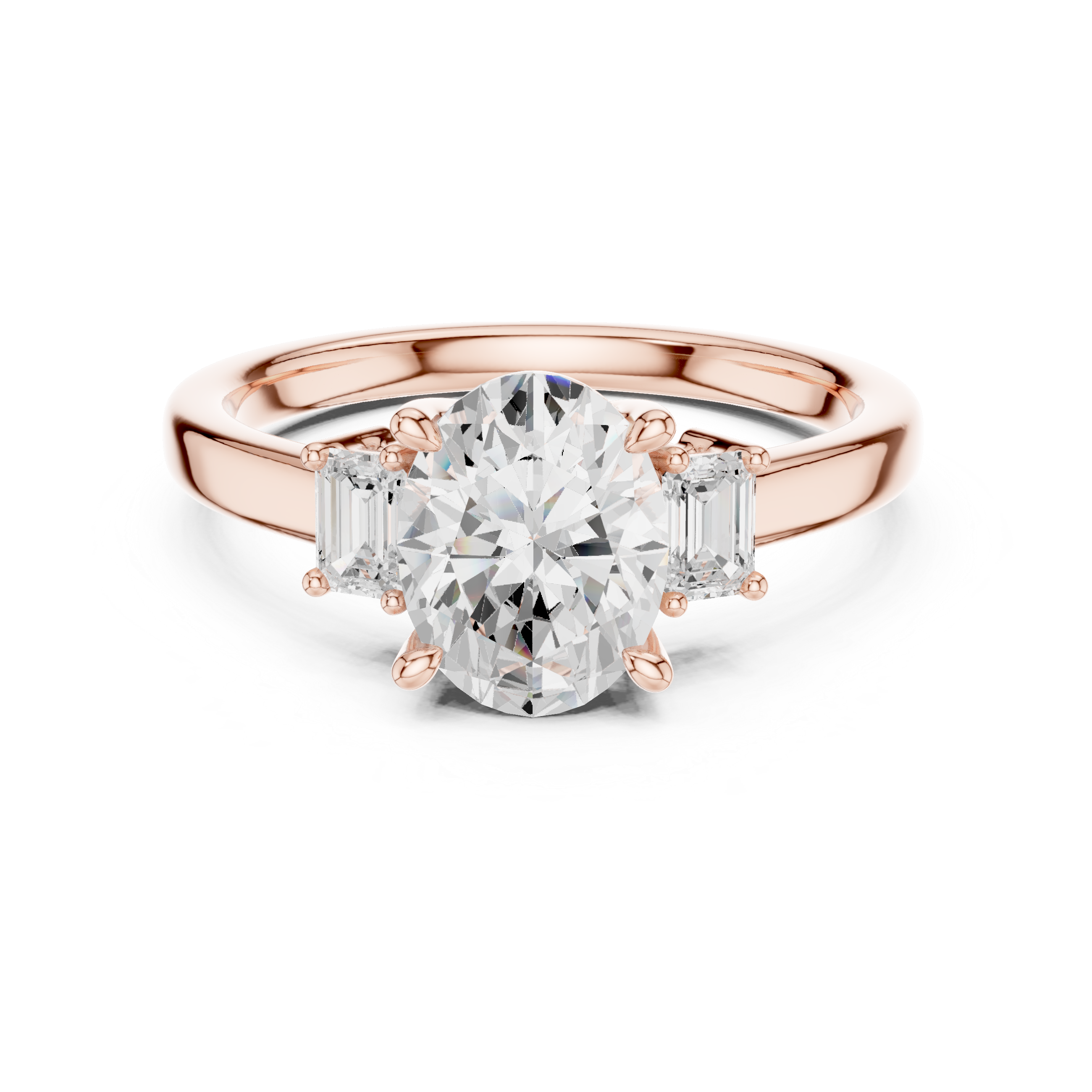 Oval lab diamond three-stone engagement ring with emeralds