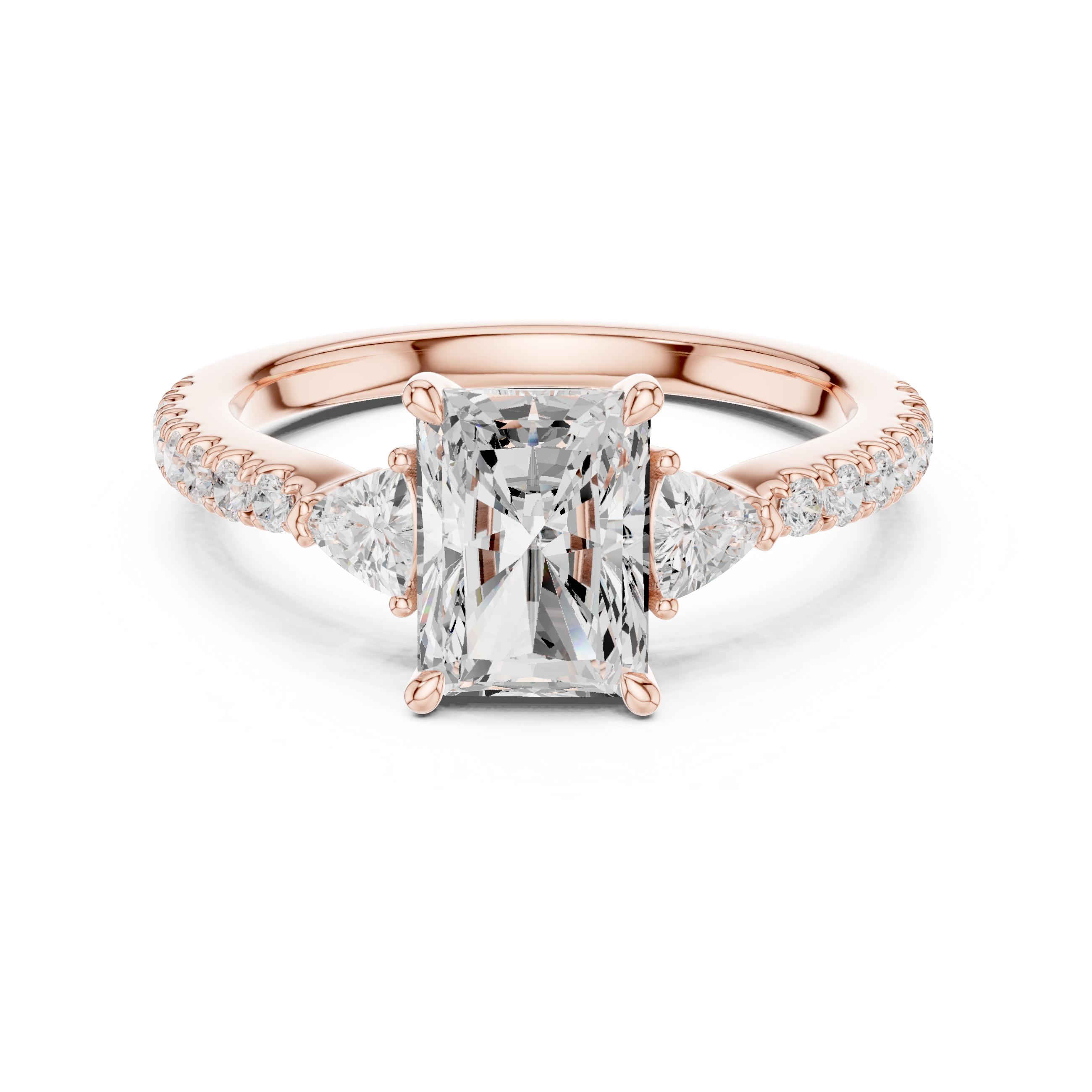 Elegant radiant cut lab diamond engagement ring with trillion stones