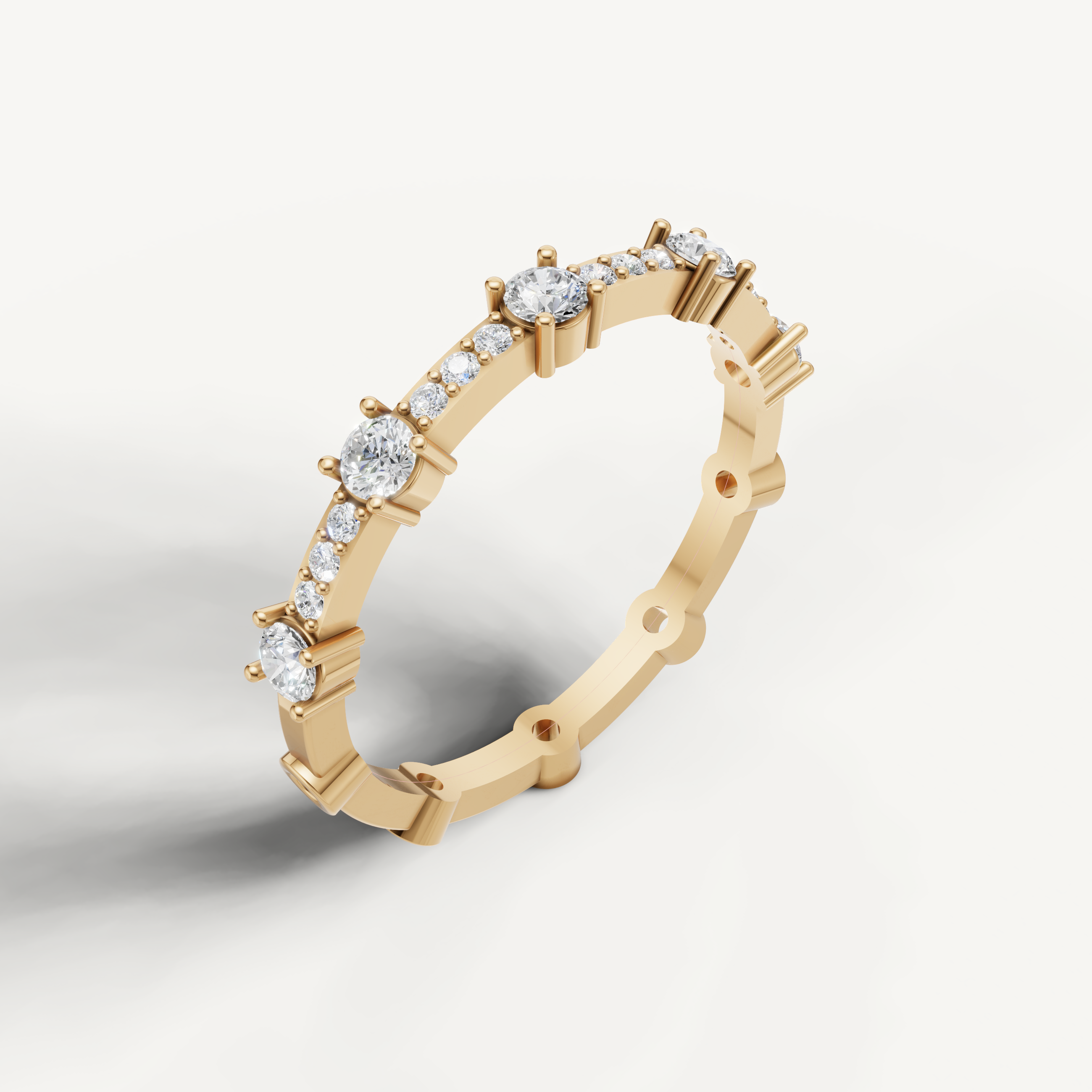 Elegant yellow gold diamond eternity wedding ring with prong set round diamonds