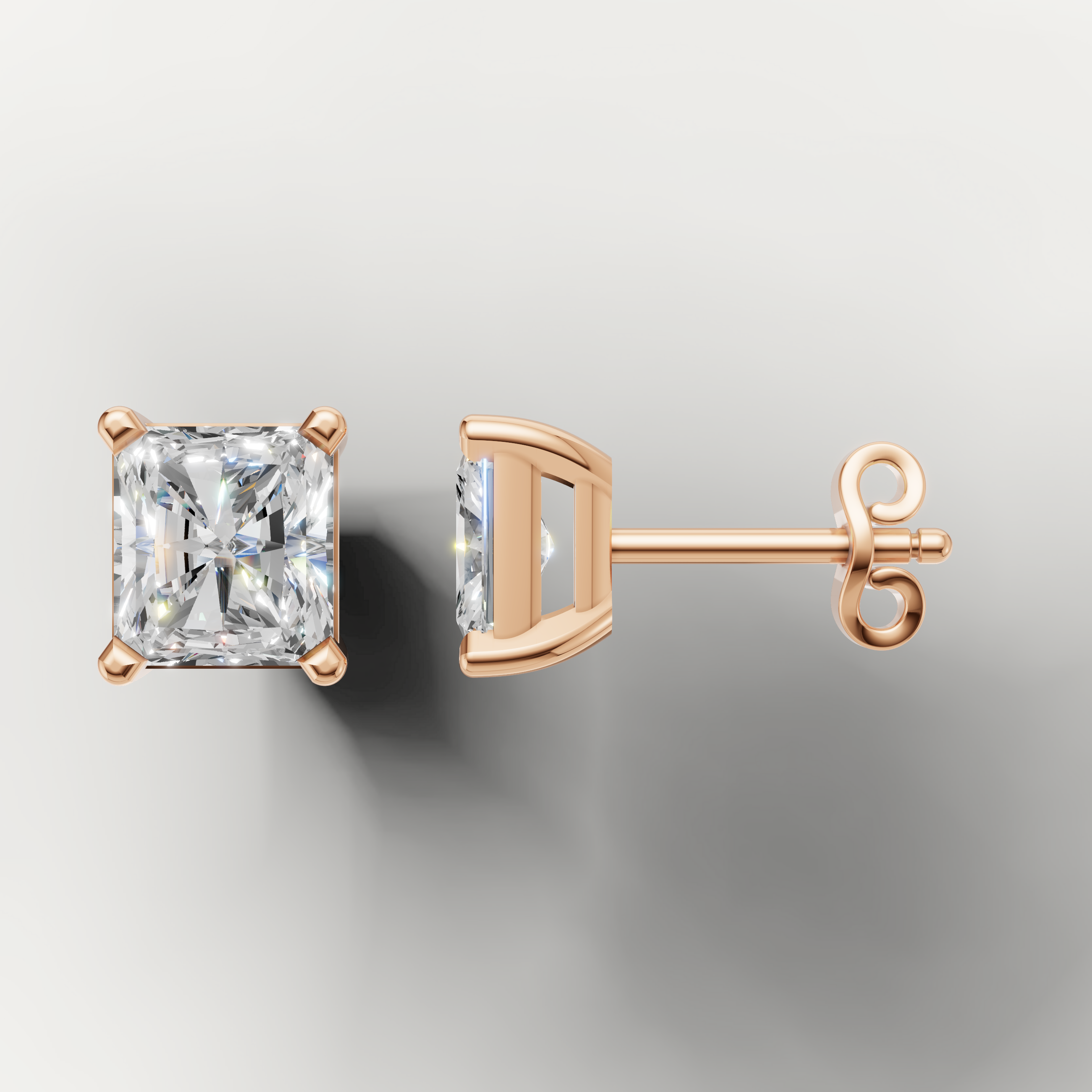 Rose gold radiant solitaire diamond earrings by Raul Diamonds with timeless elegance