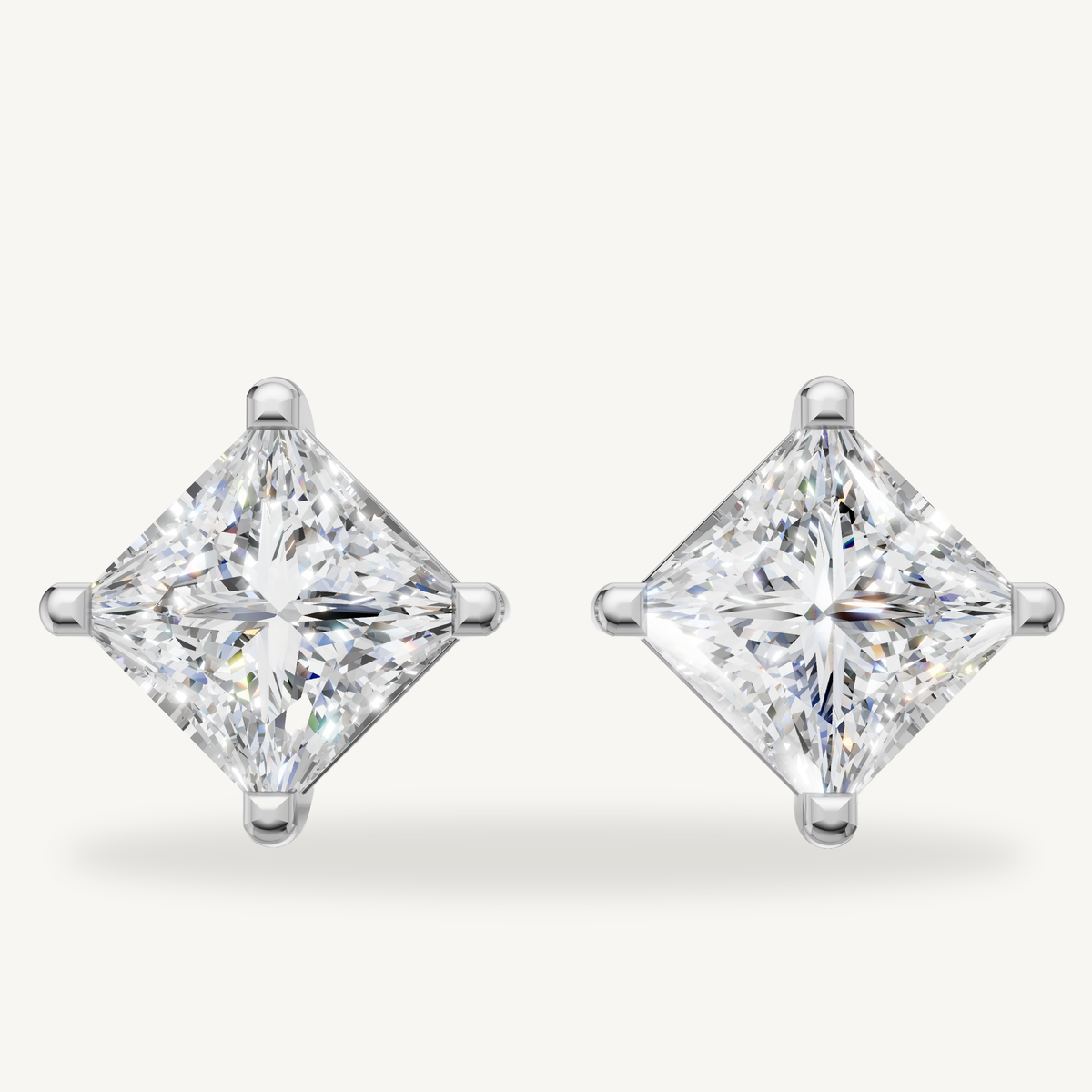Princess cut lab grown diamond stud earrings in 14K white gold by Raul Diamonds