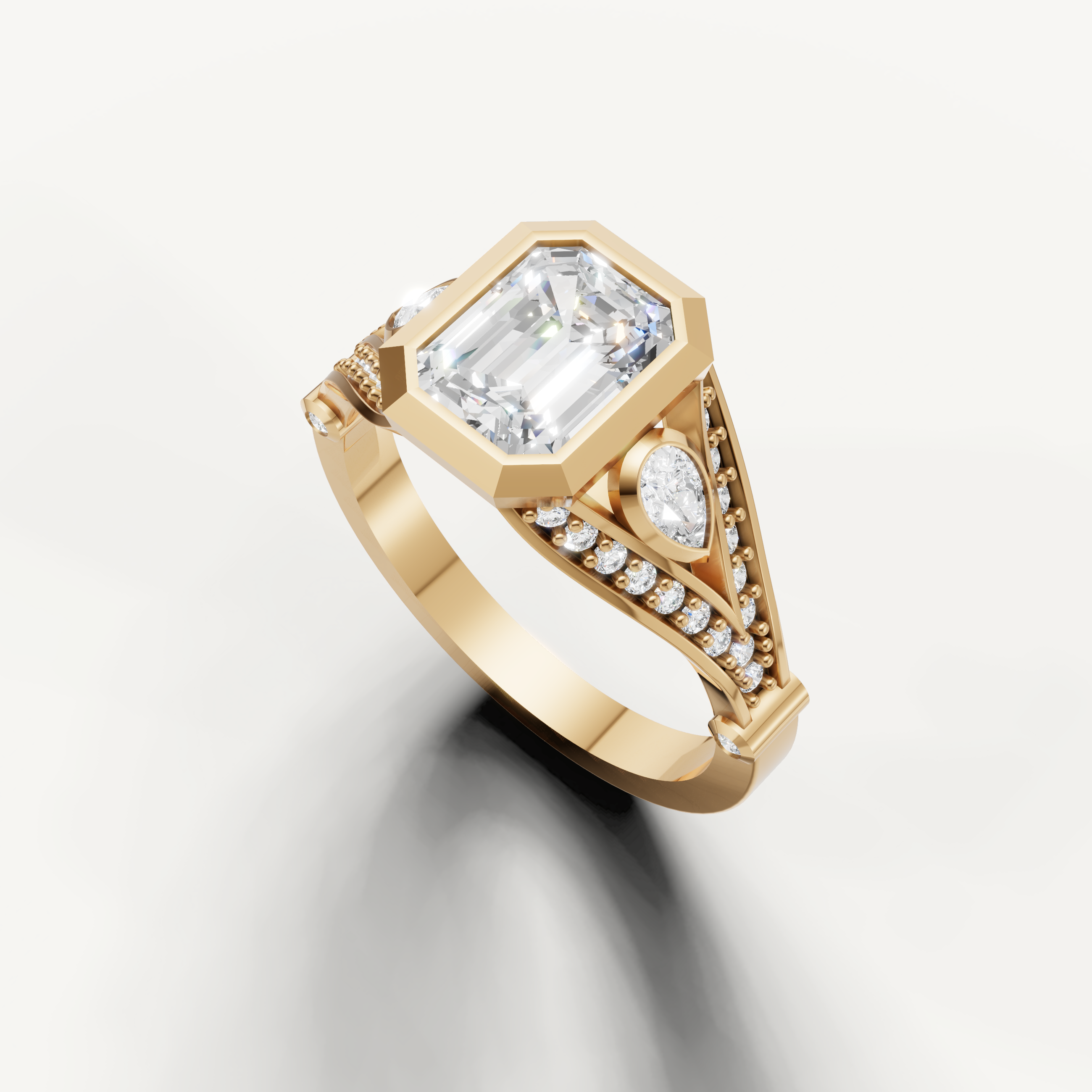 Seo white gold emerald cut engagement ring with pavé accents by Raul Diamonds.