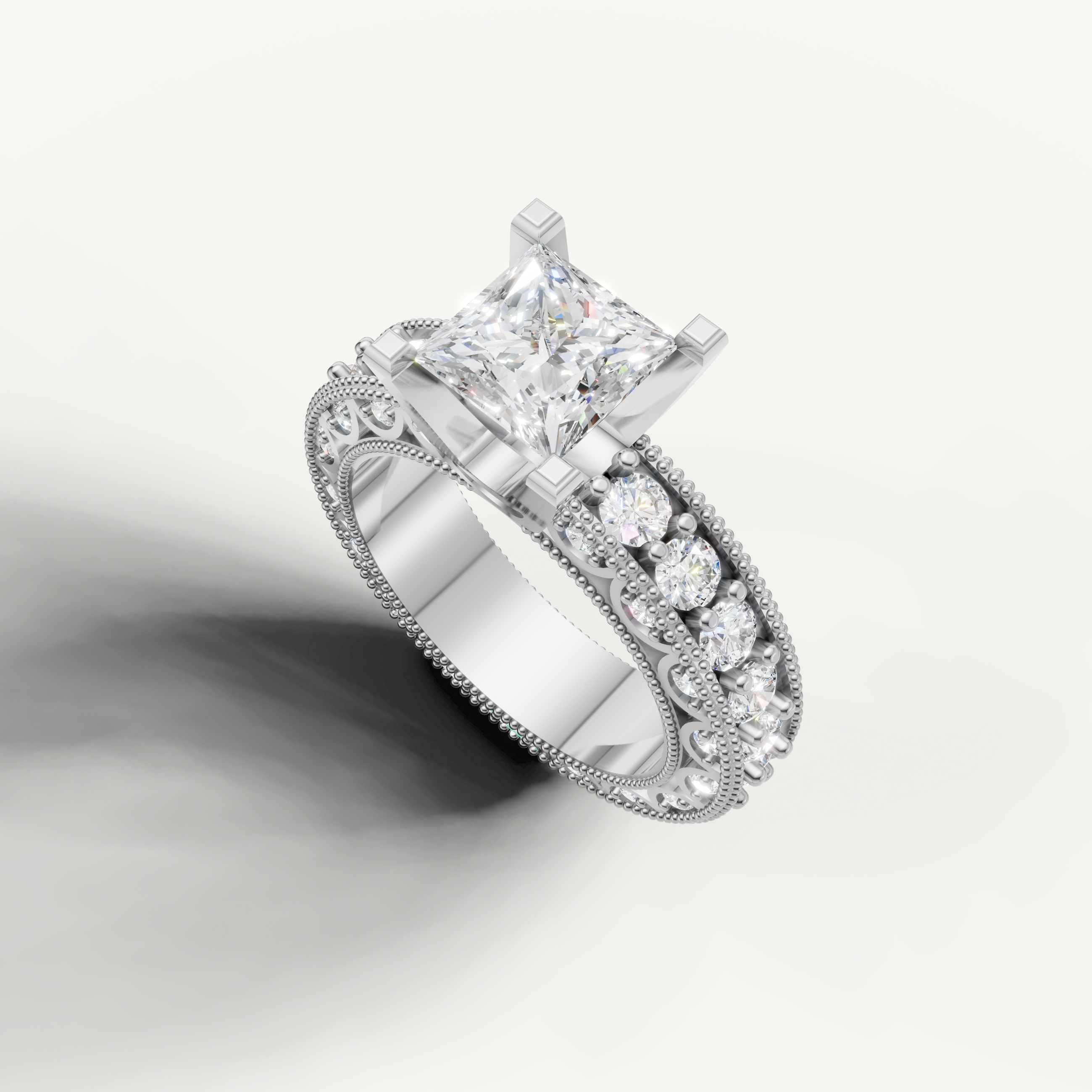 Romantic Seo rose gold princess cut ring with vintage pavé design from Raul Diamonds.