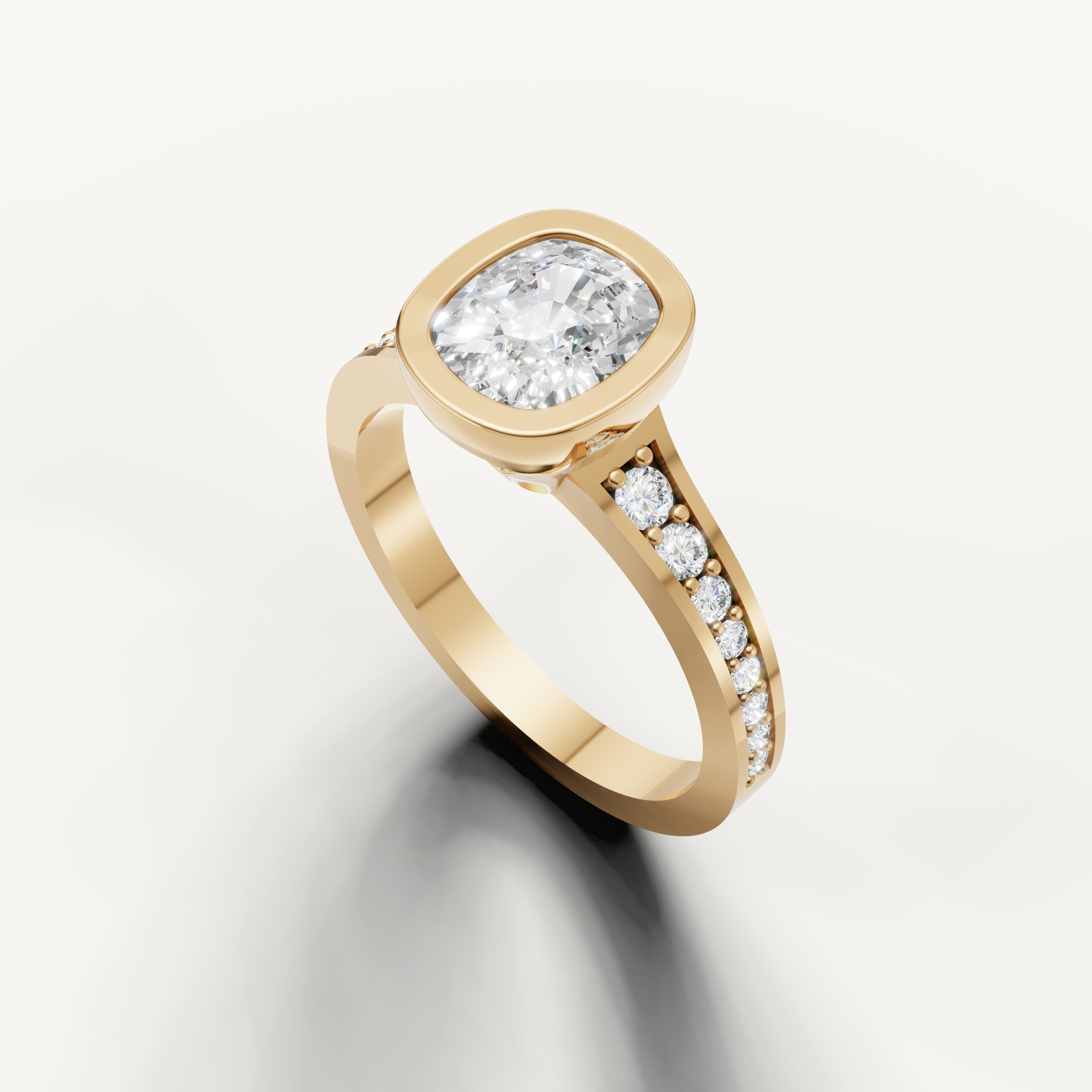 Seo white gold bezel set cushion diamond ring crafted by Raul Diamonds.