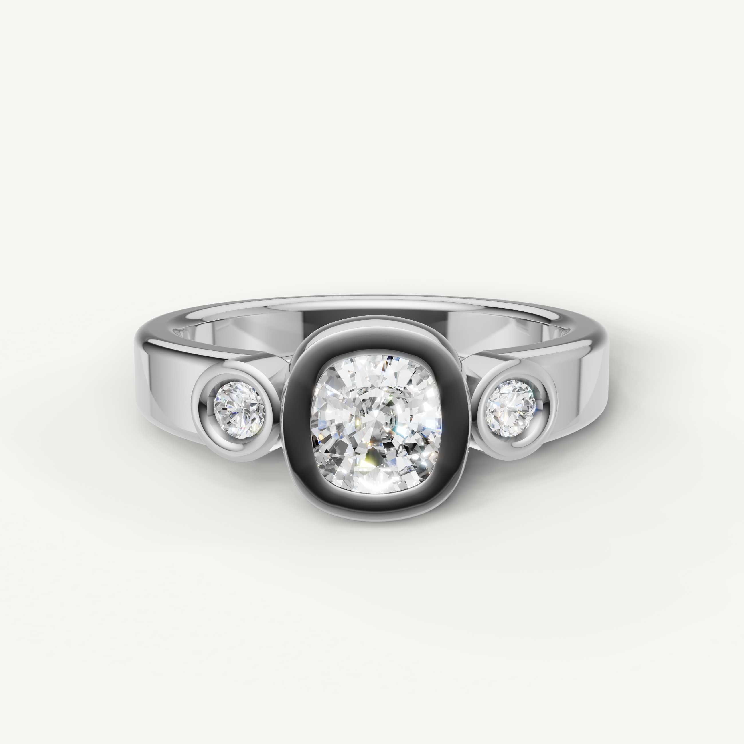 Seo white gold three stone bezel engagement ring with smooth gold band from Raul Diamonds.