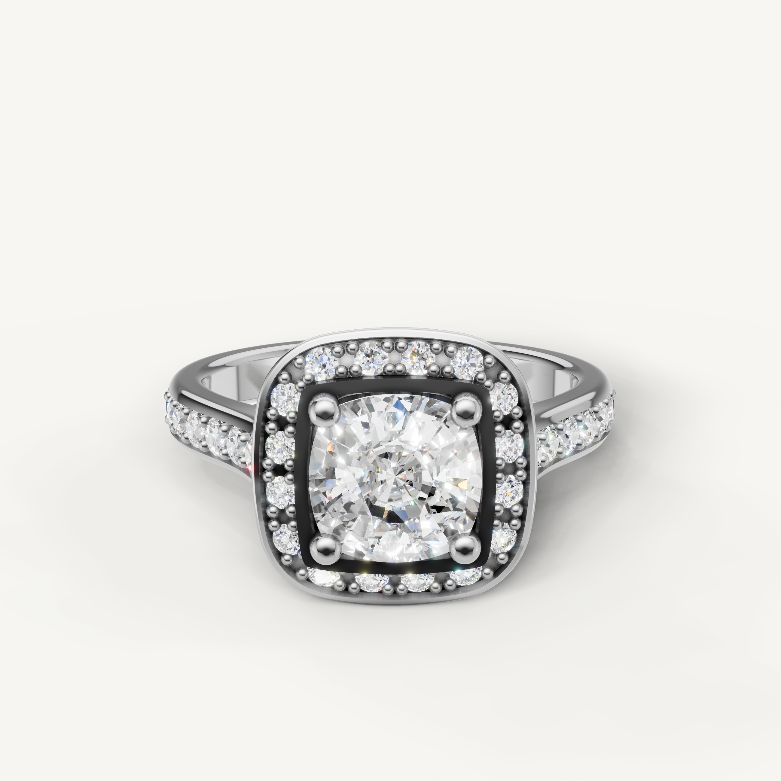 Seo white gold cushion halo round diamond ring with split pavé shank from Raul Diamonds.
