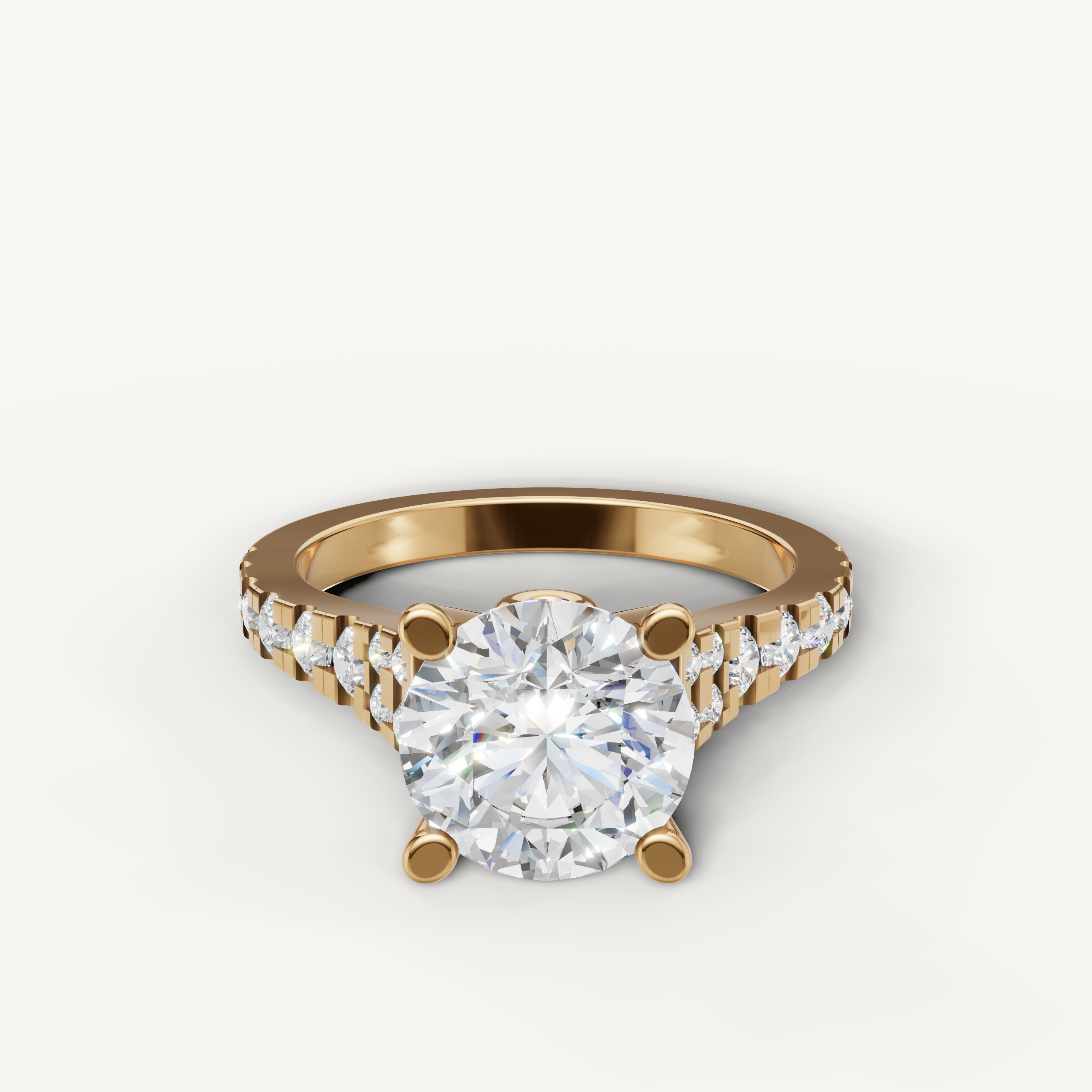 Seo yellow gold round diamond engagement ring with pavé accents by Raul Diamonds.