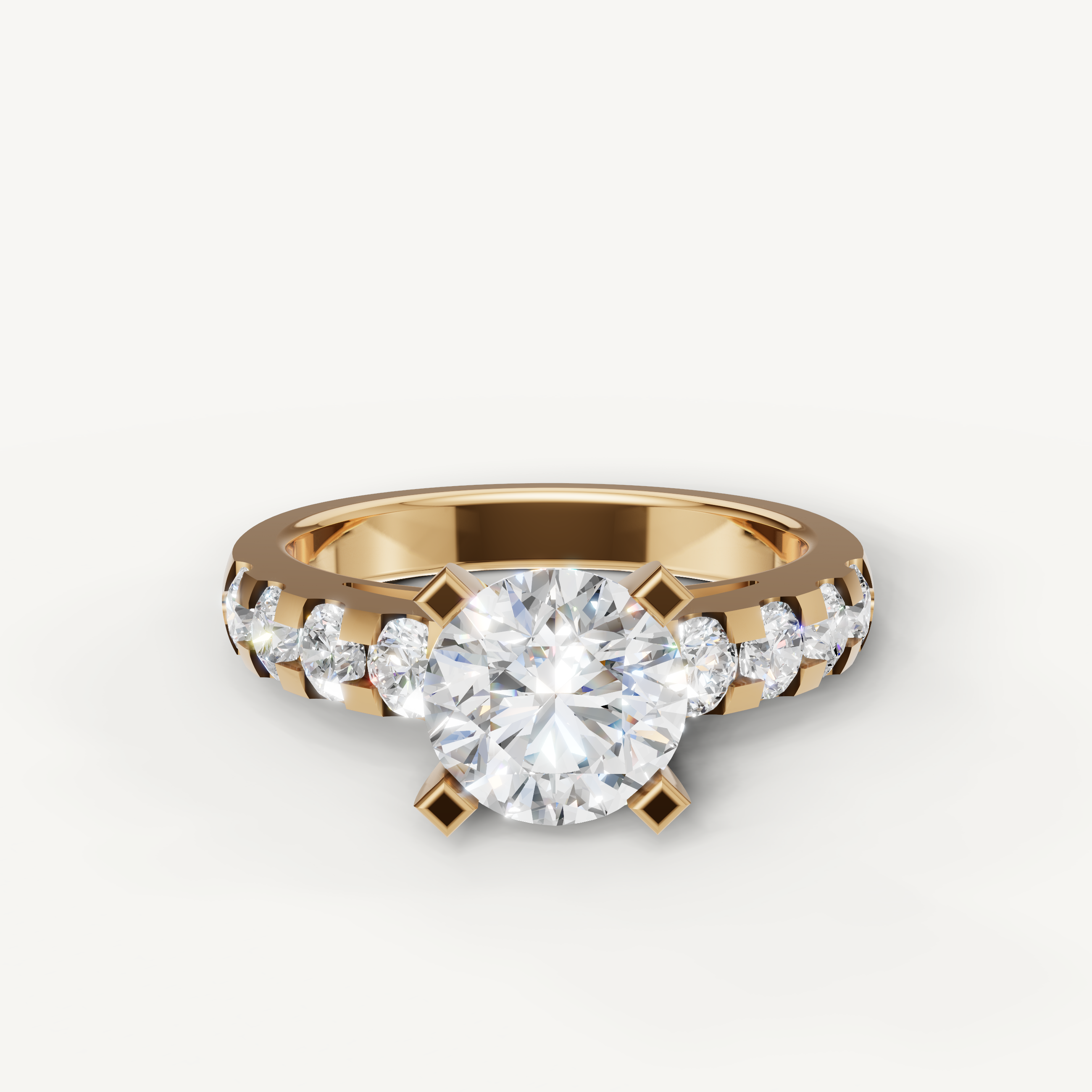 Seo yellow gold round diamond engagement ring with pavé band by Raul Diamonds.